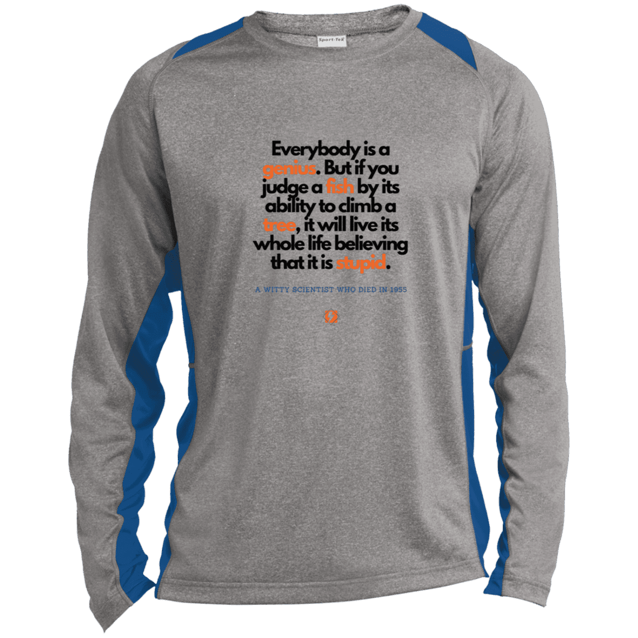 Men's LS Heather Colorblock T-Shirt with inspiring Einstein quote: E103 - Everybody is a genius - Color: Vintage Heather/True Royal