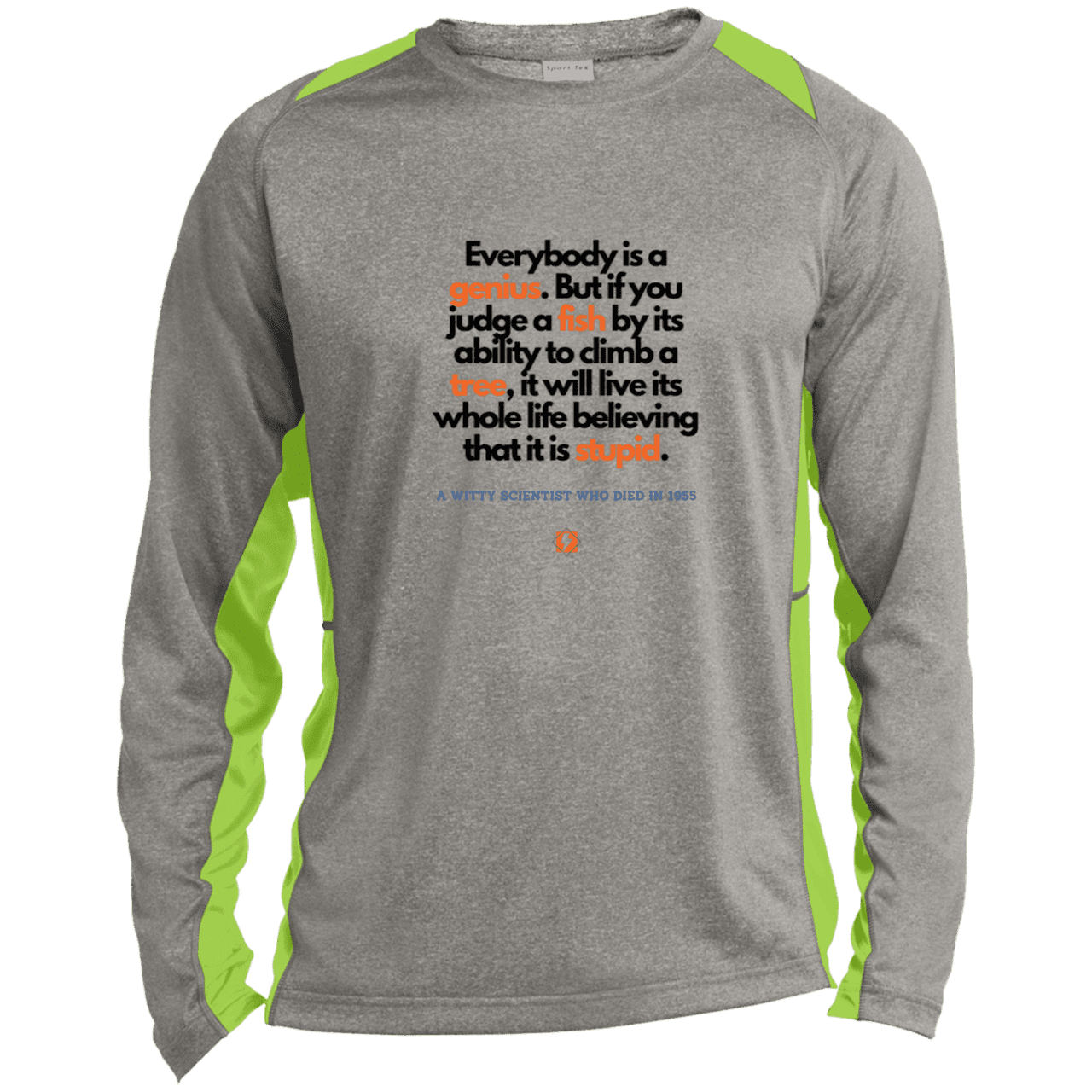 Men's LS Heather Colorblock T-Shirt with inspiring Einstein quote: E103 - Everybody is a genius - Color: Vintage Heather/Lime Shock