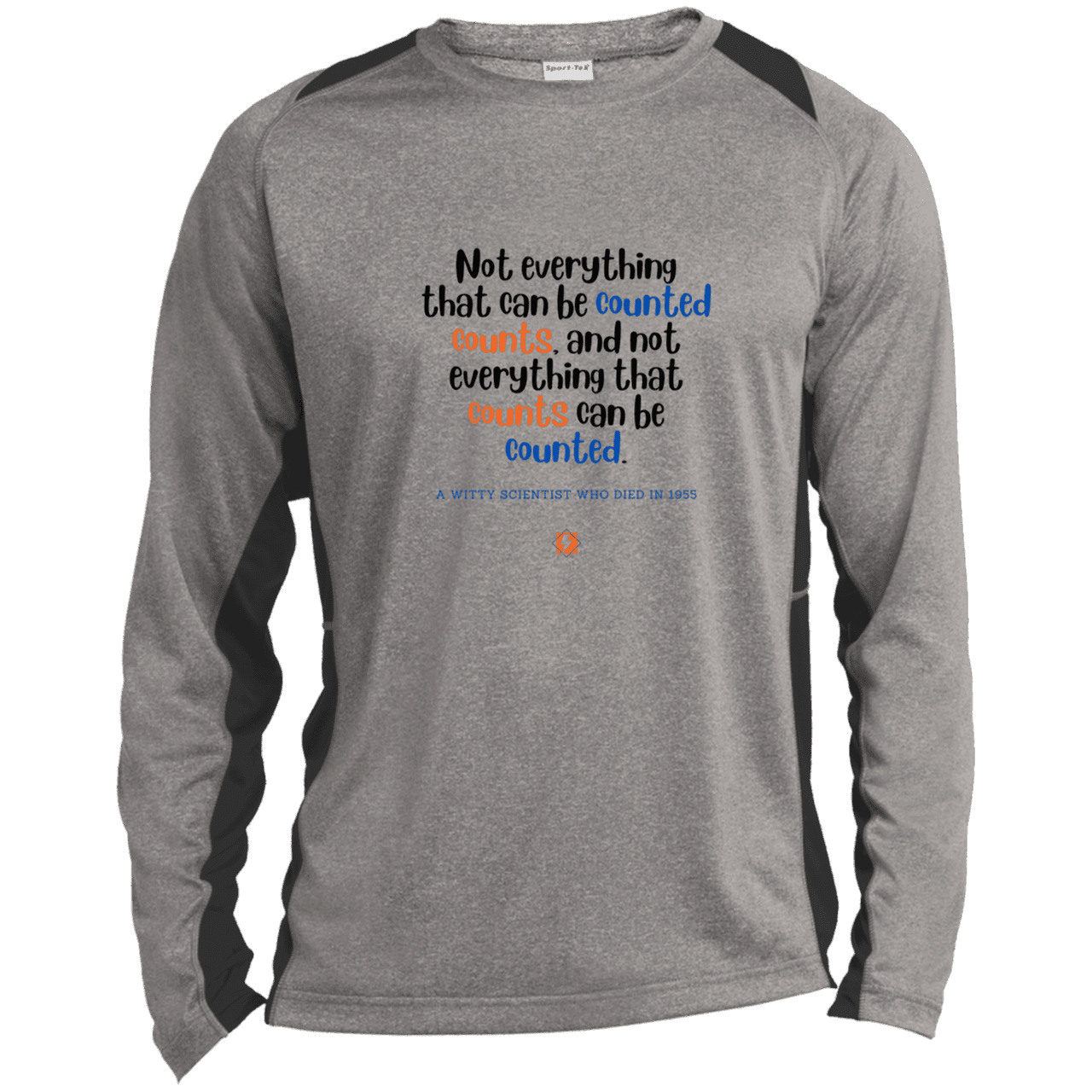 Men's LS Heather Colorblock T-Shirt with inspiring Einstein quote: E104 - Not everything that can be counted counts - Color: Vintage Heather/Black