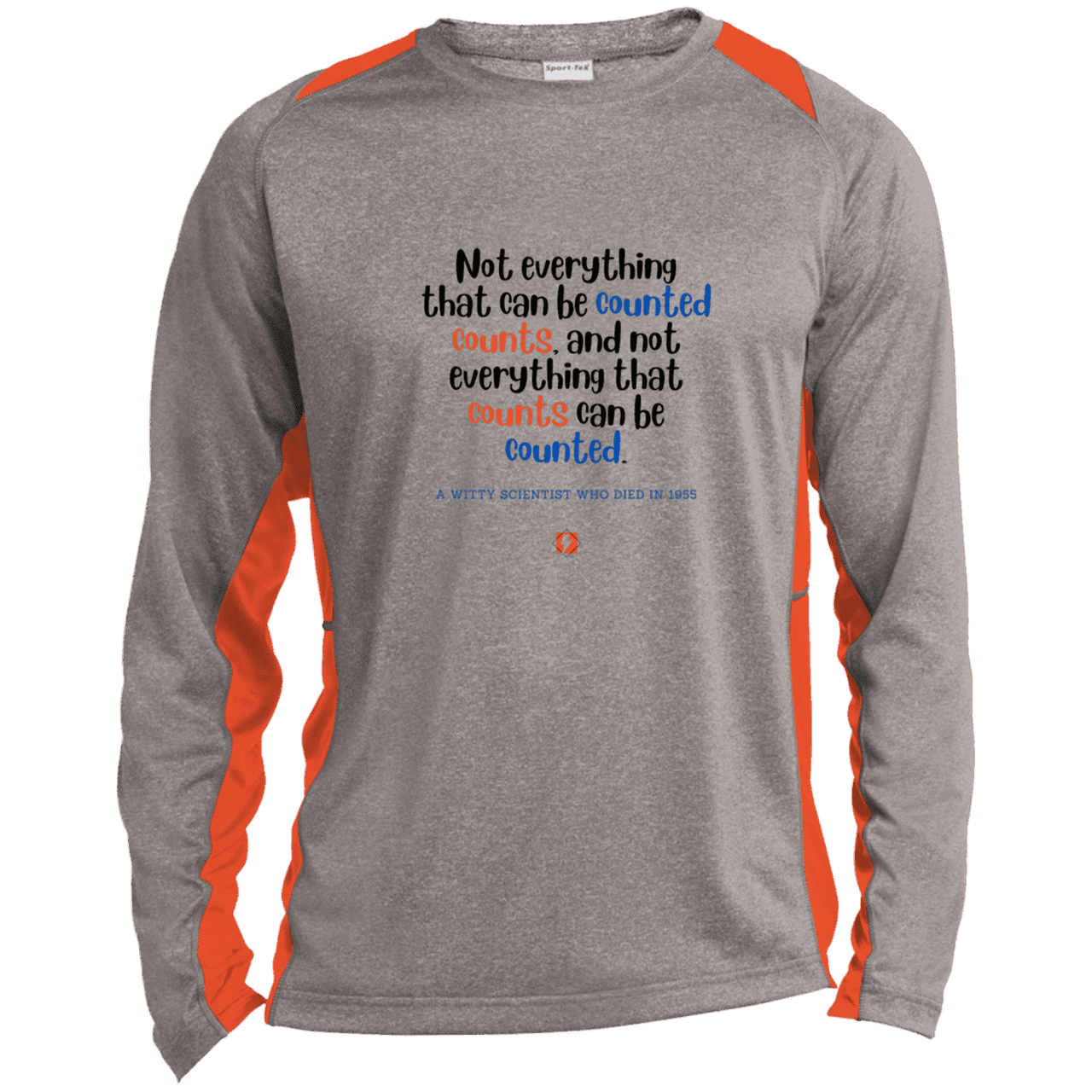 Men's LS Heather Colorblock T-Shirt with inspiring Einstein quote: E104 - Not everything that can be counted counts - Color: Vintage Heather/Deep Orange