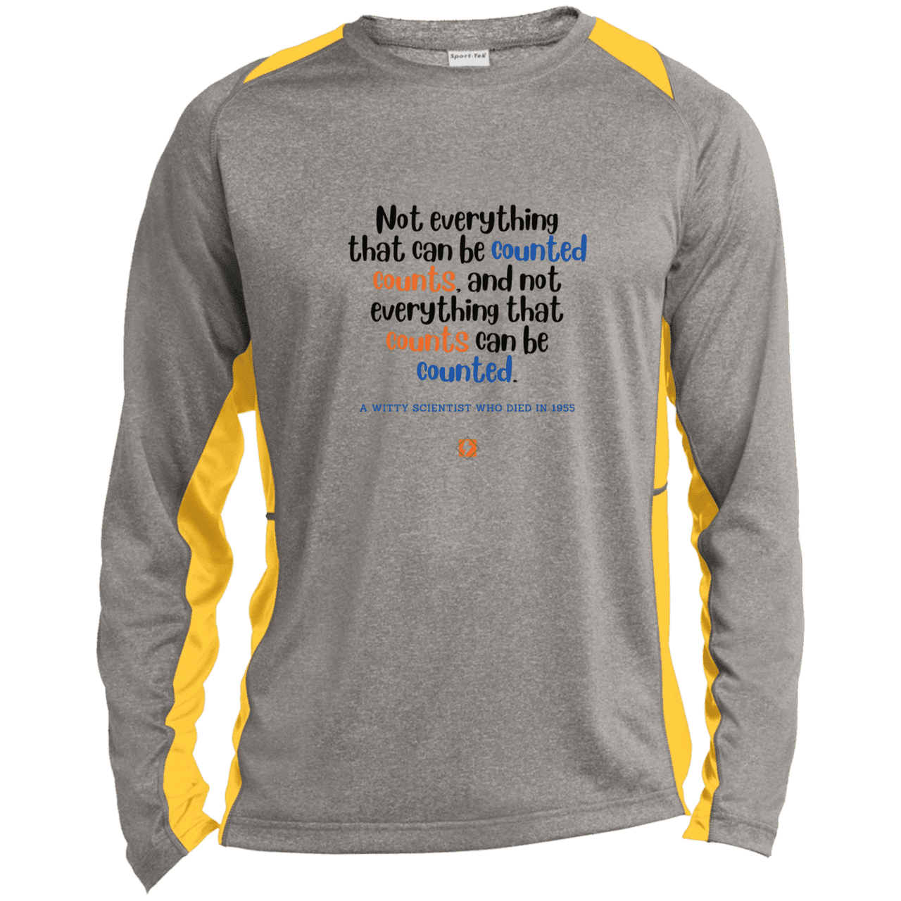 Men's LS Heather Colorblock T-Shirt with inspiring Einstein quote: E104 - Not everything that can be counted counts - Color: Vintage Heather/Gold