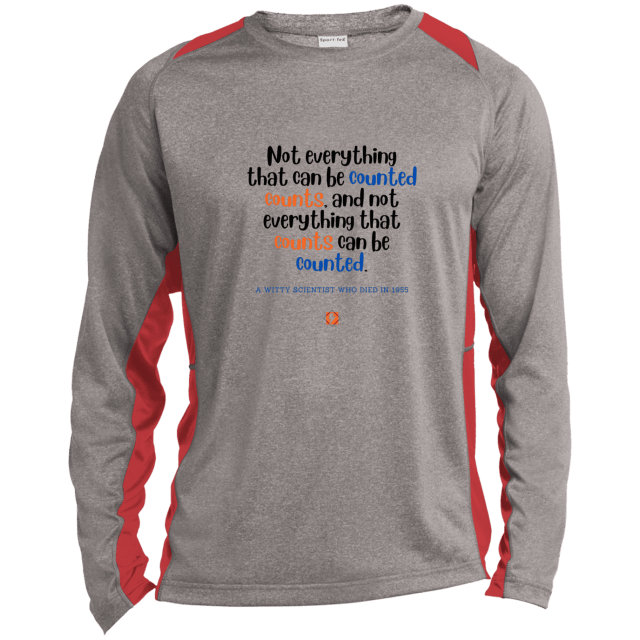 Men's LS Heather Colorblock T-Shirt with inspiring Einstein quote: E104 - Not everything that can be counted counts - Color: Vintage Heather/True Red