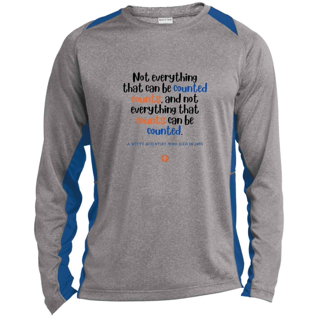 Men's LS Heather Colorblock T-Shirt with inspiring Einstein quote: E104 - Not everything that can be counted counts - Color: Vintage Heather/True Royal