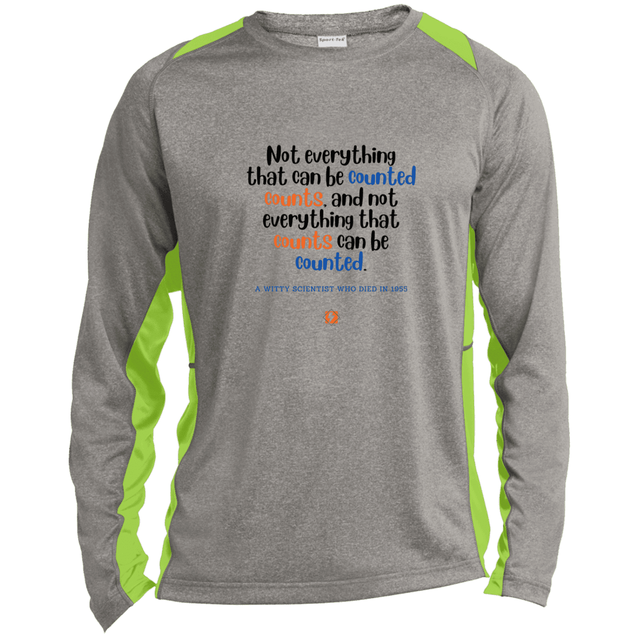 Men's LS Heather Colorblock T-Shirt with inspiring Einstein quote: E104 - Not everything that can be counted counts - Color: Vintage Heather/Lime Shock