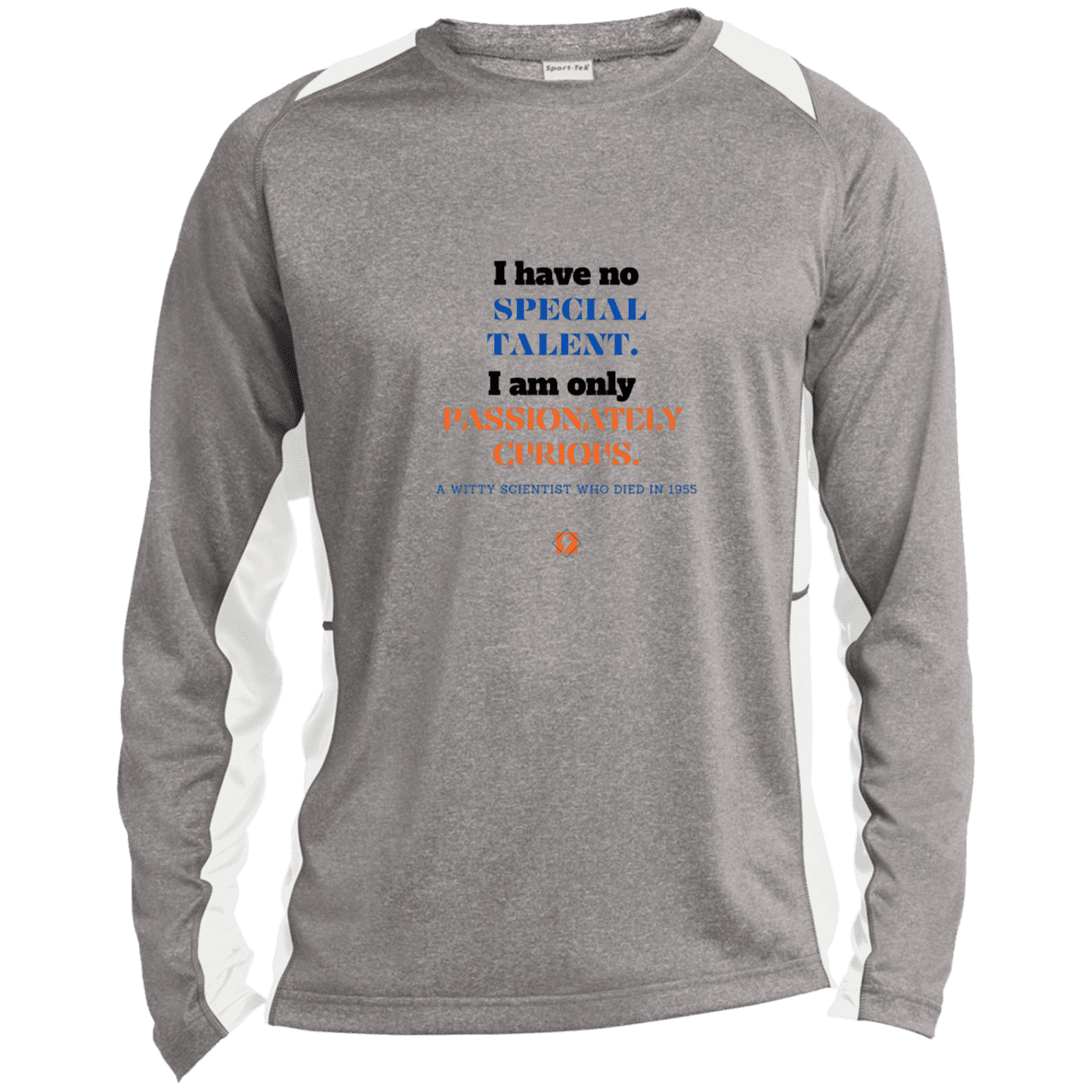 Men's LS Heather Colorblock T-Shirt with inspiring Einstein quote: E105 - I am only passionately curious - Color: Vintage Heather/White