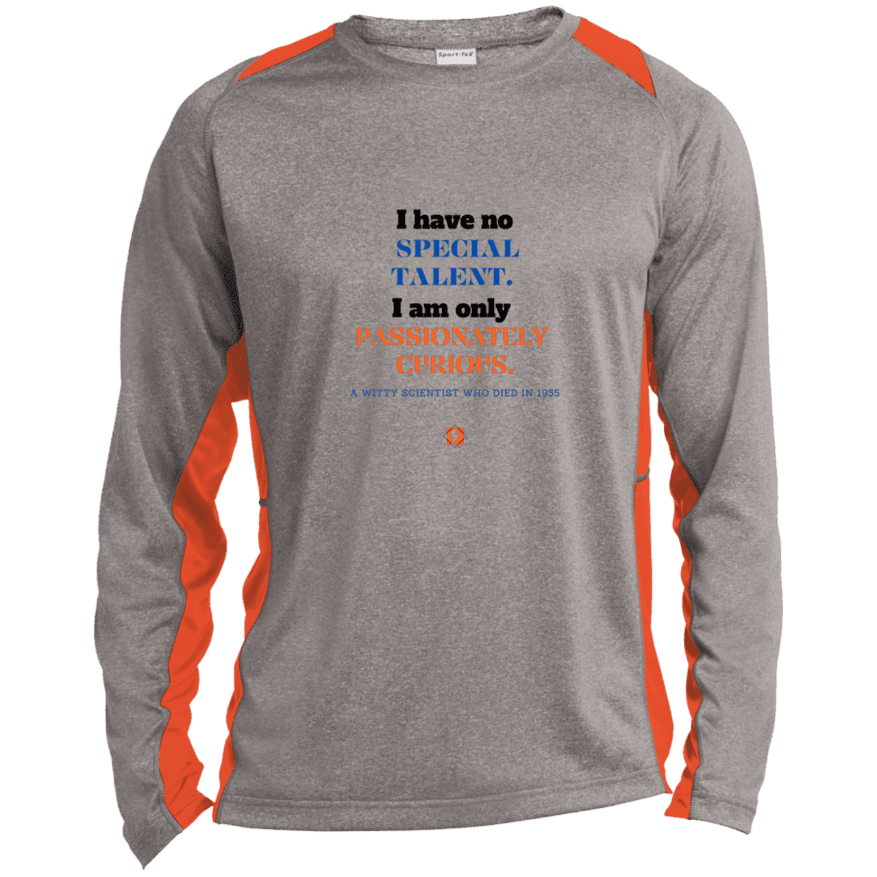 Men's LS Heather Colorblock T-Shirt with inspiring Einstein quote: E105 - I am only passionately curious - Color: Vintage Heather/Deep Orange