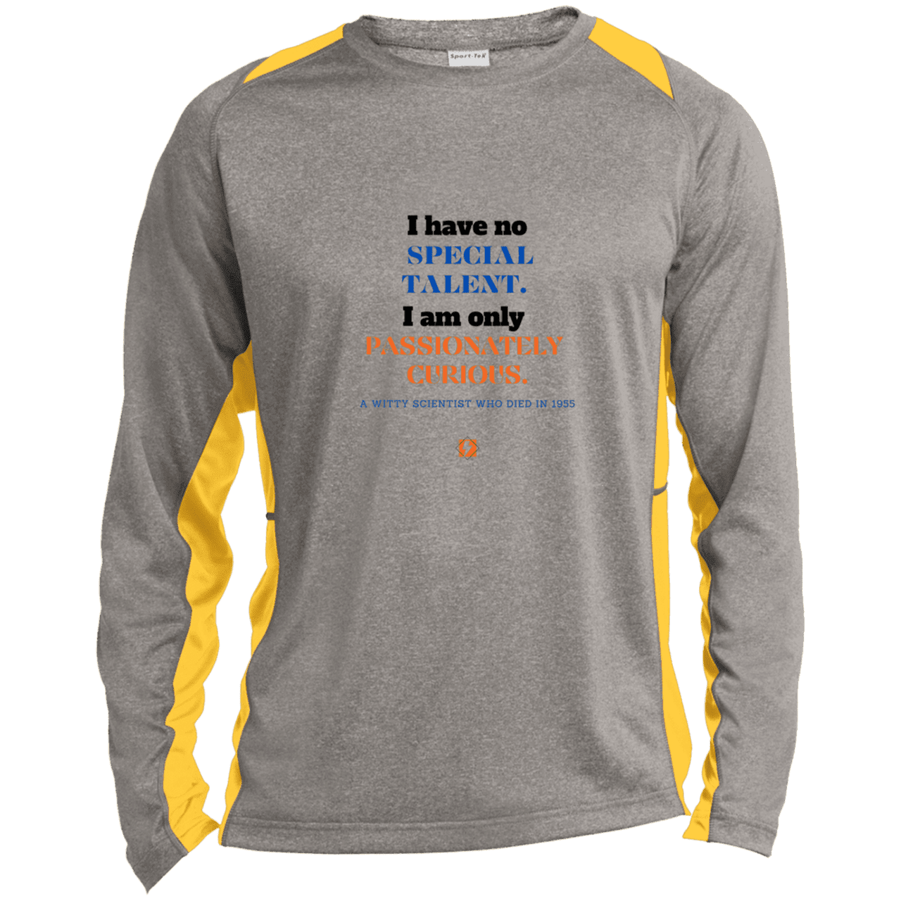 Men's LS Heather Colorblock T-Shirt with inspiring Einstein quote: E105 - I am only passionately curious - Color: Vintage Heather/Gold