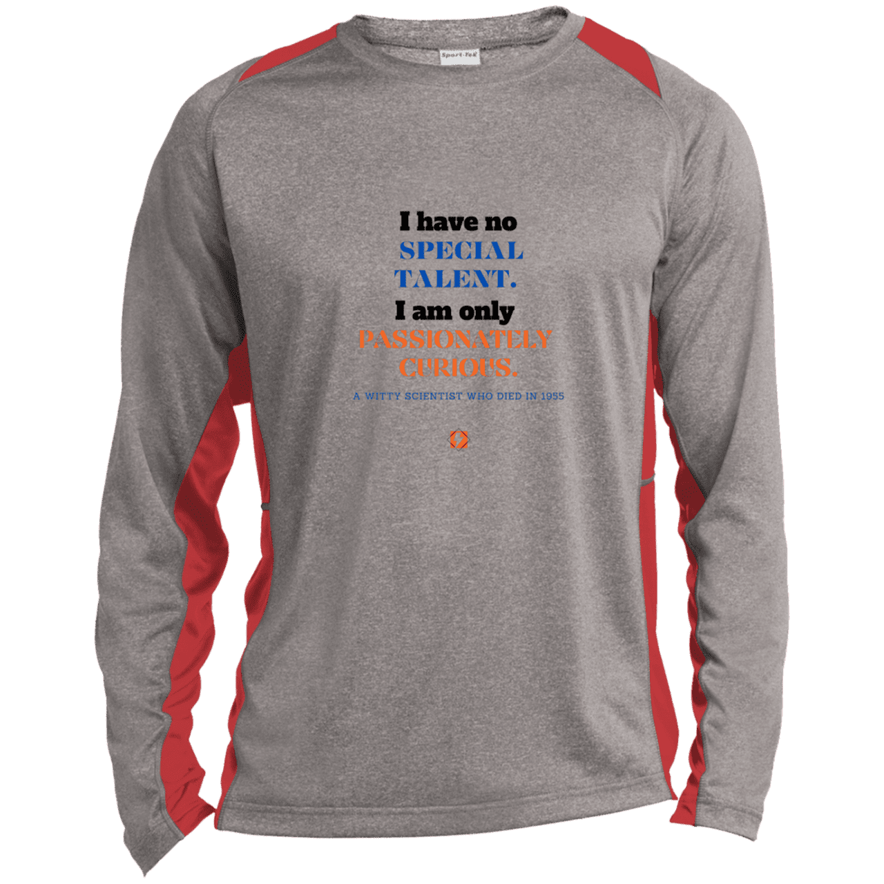 Men's LS Heather Colorblock T-Shirt with inspiring Einstein quote: E105 - I am only passionately curious - Color: Vintage Heather/True Red