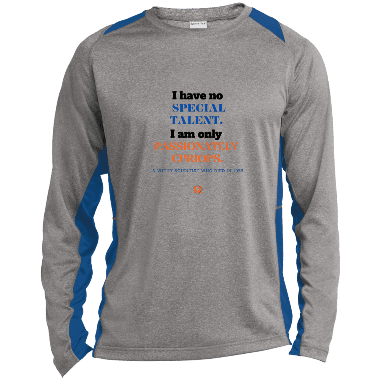 Men's LS Heather Colorblock T-Shirt with inspiring Einstein quote: E105 - I am only passionately curious - Color: Vintage Heather/True Royal