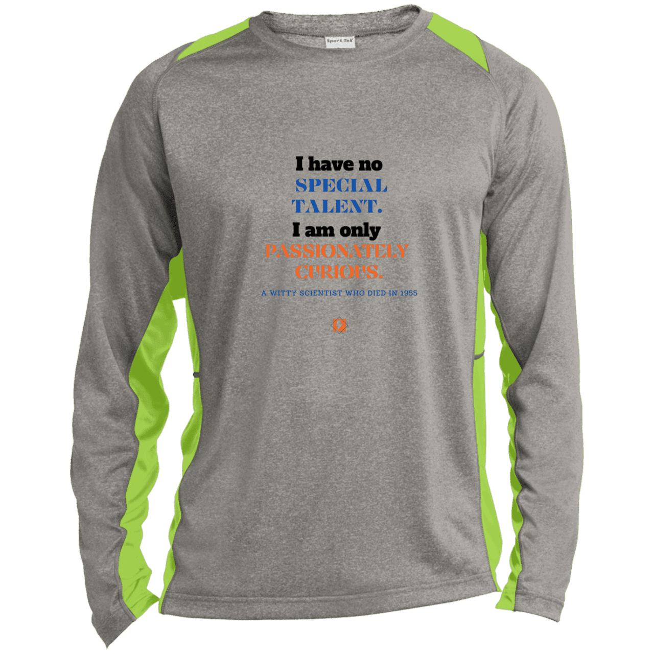 Men's LS Heather Colorblock T-Shirt with inspiring Einstein quote: E105 - I am only passionately curious - Color: Vintage Heather/Lime Shock