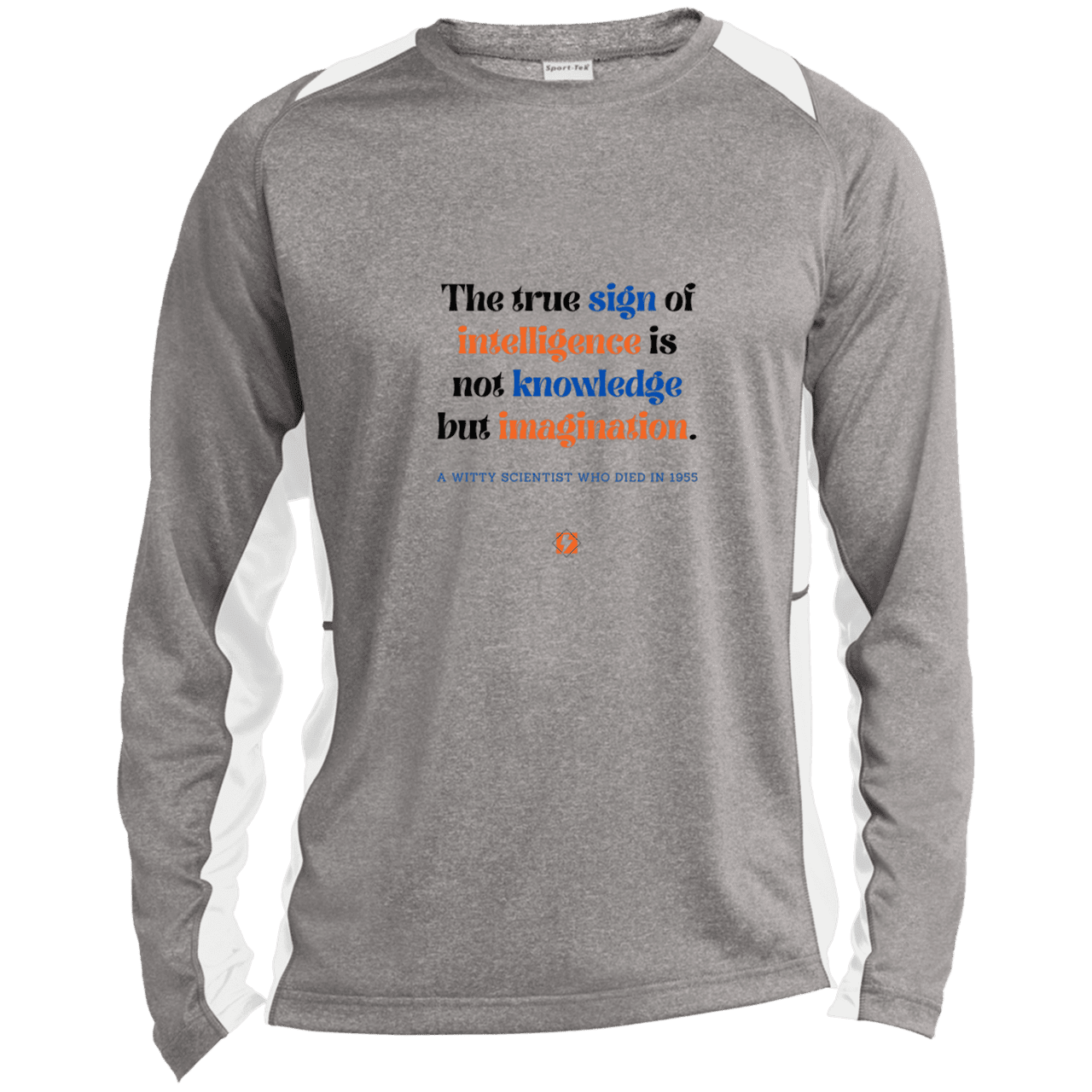 Men's LS Heather Colorblock T-Shirt with inspiring Einstein quote: E106 - True sign of intelligence is imagination - Color: Vintage Heather/White