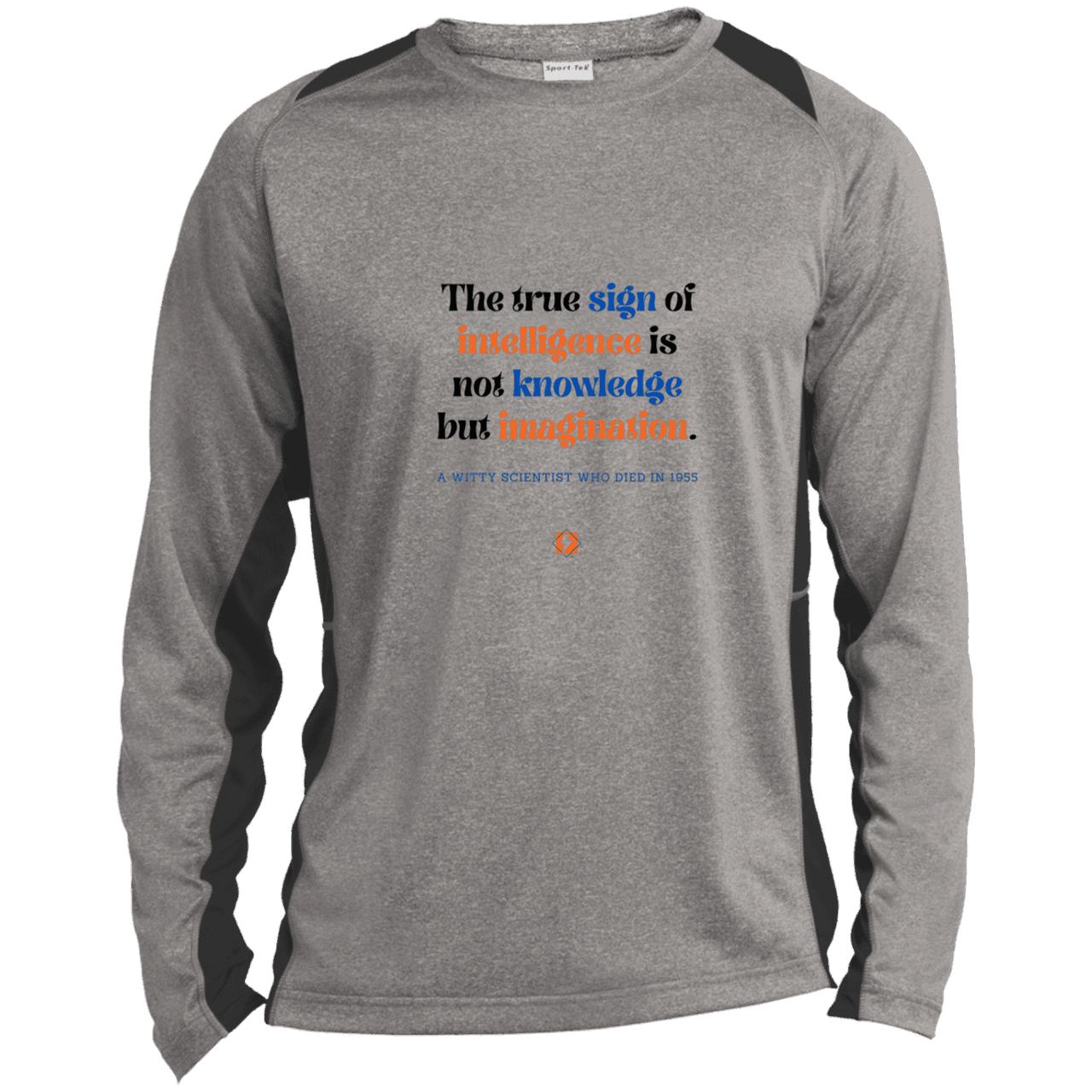 Men's LS Heather Colorblock T-Shirt with inspiring Einstein quote: E106 - True sign of intelligence is imagination - Color: Vintage Heather/Black