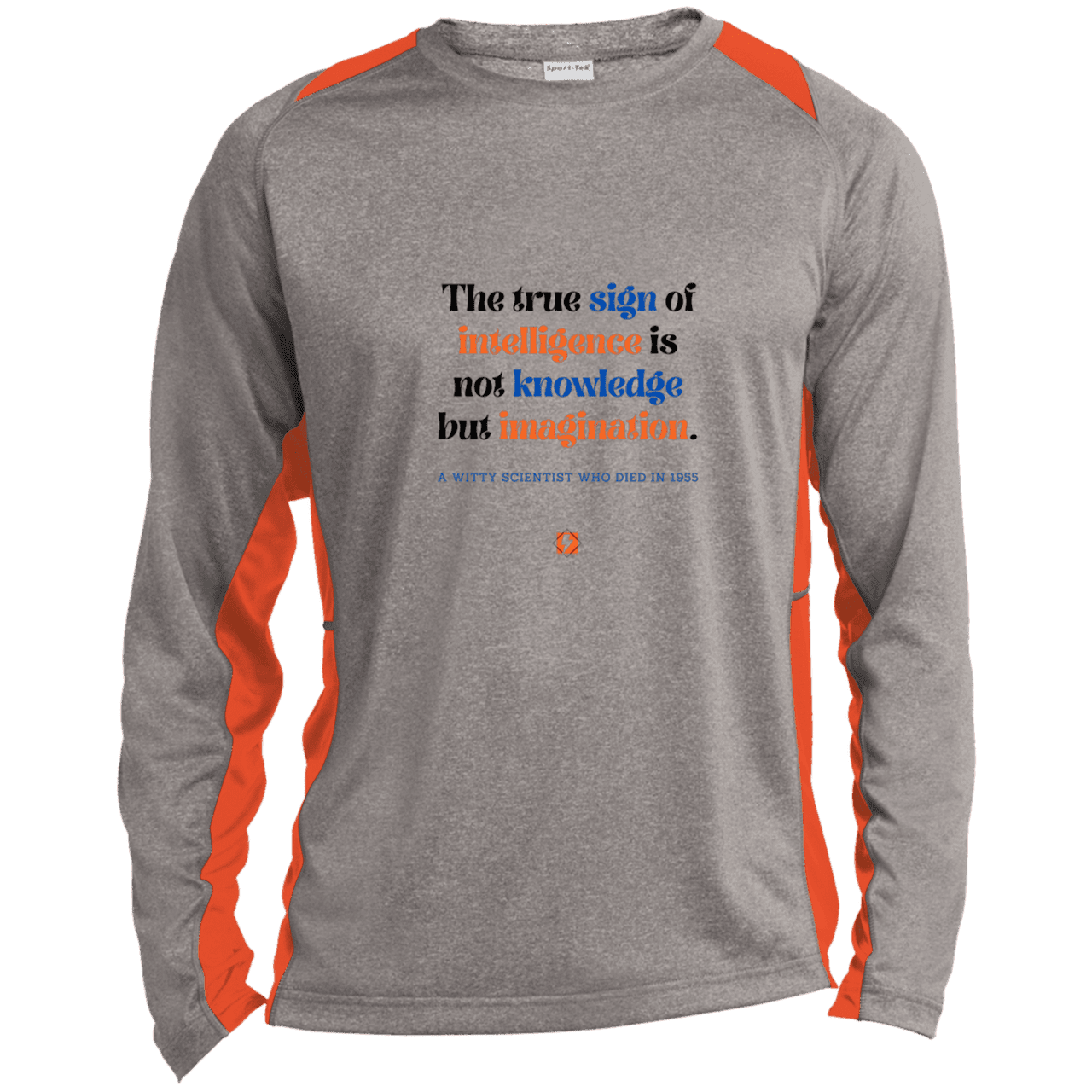 Men's LS Heather Colorblock T-Shirt with inspiring Einstein quote: E106 - True sign of intelligence is imagination - Color: Vintage Heather/Deep Orange