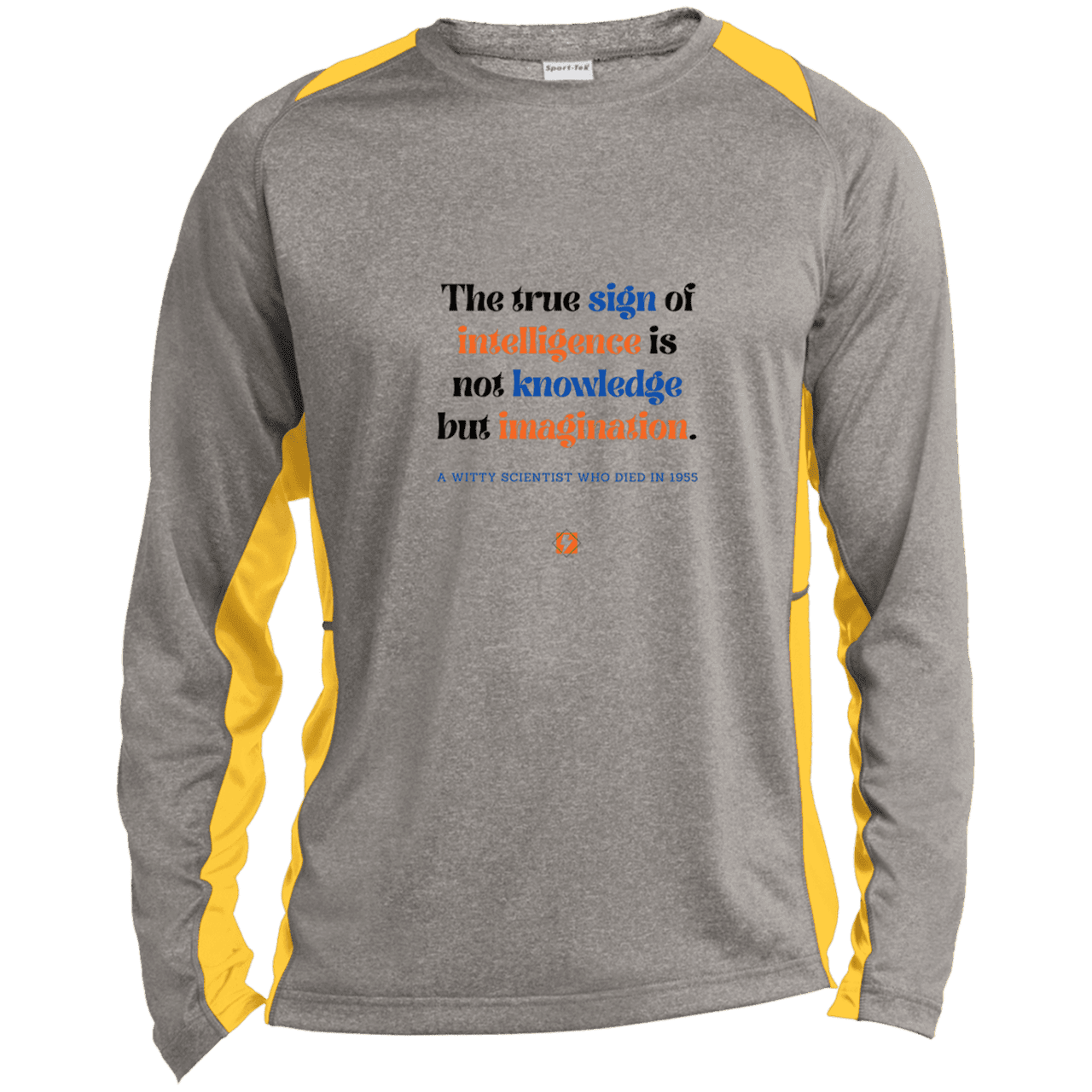 Men's LS Heather Colorblock T-Shirt with inspiring Einstein quote: E106 - True sign of intelligence is imagination - Color: Vintage Heather/Gold