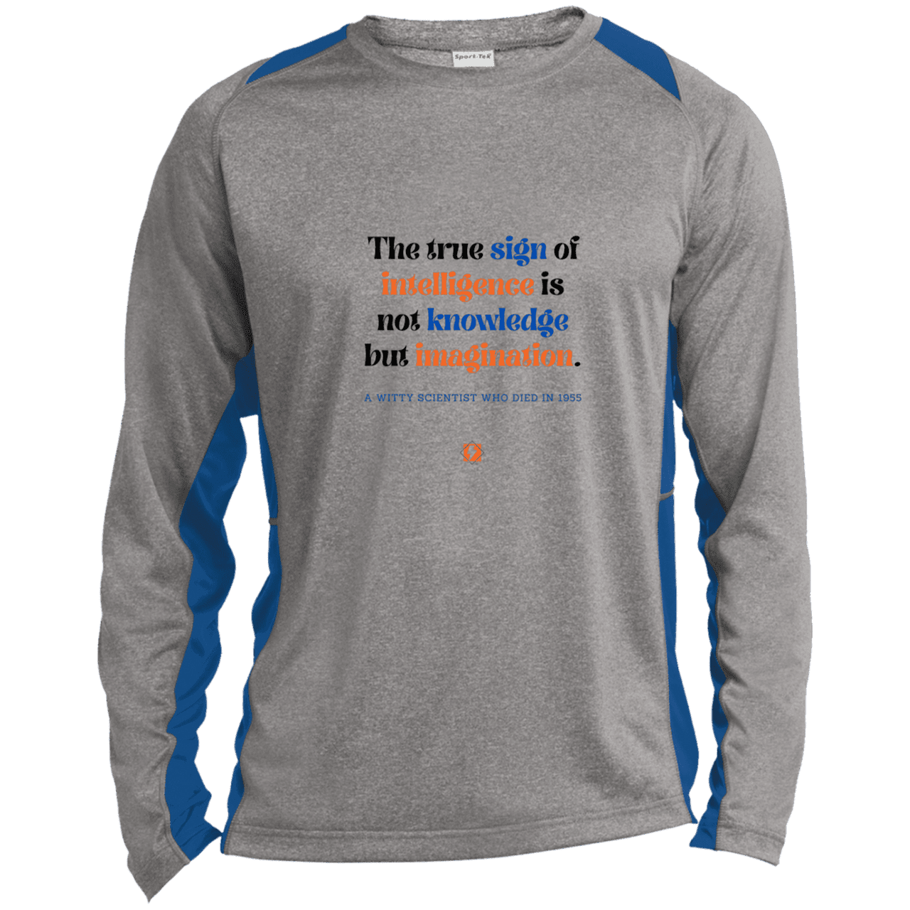 Men's LS Heather Colorblock T-Shirt with inspiring Einstein quote: E106 - True sign of intelligence is imagination - Color: Vintage Heather/True Royal