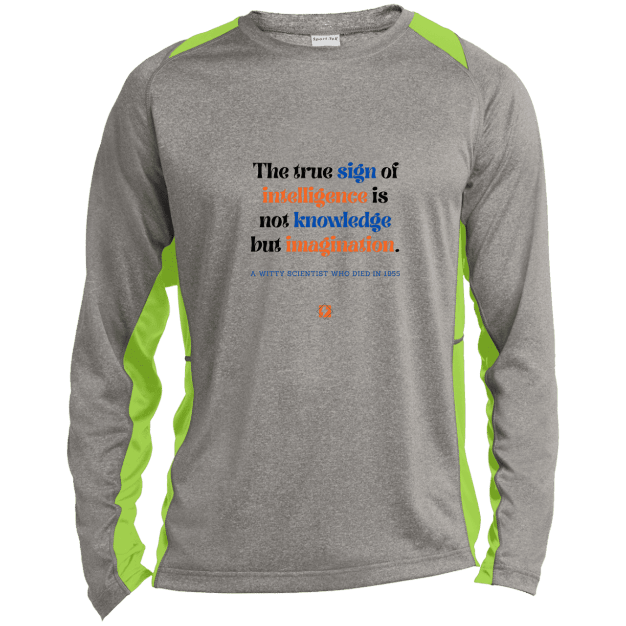 Men's LS Heather Colorblock T-Shirt with inspiring Einstein quote: E106 - True sign of intelligence is imagination - Color: Vintage Heather/Lime Shock