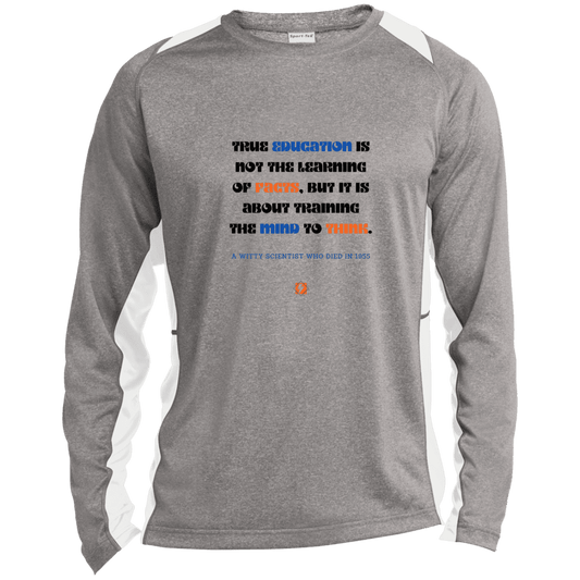 Men's LS Heather Colorblock T-Shirt with inspiring Einstein quote: E107 - True education is about learning to think - Color: Vintage Heather/White