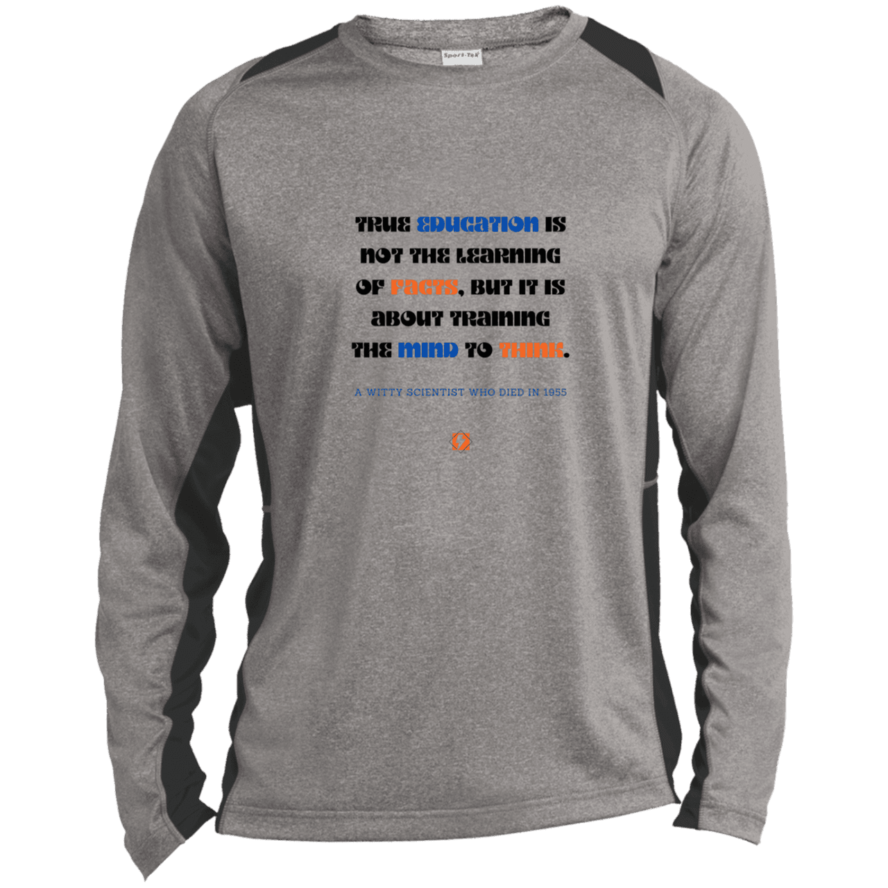 Men's LS Heather Colorblock T-Shirt with inspiring Einstein quote: E107 - True education is about learning to think - Color: Vintage Heather/Black