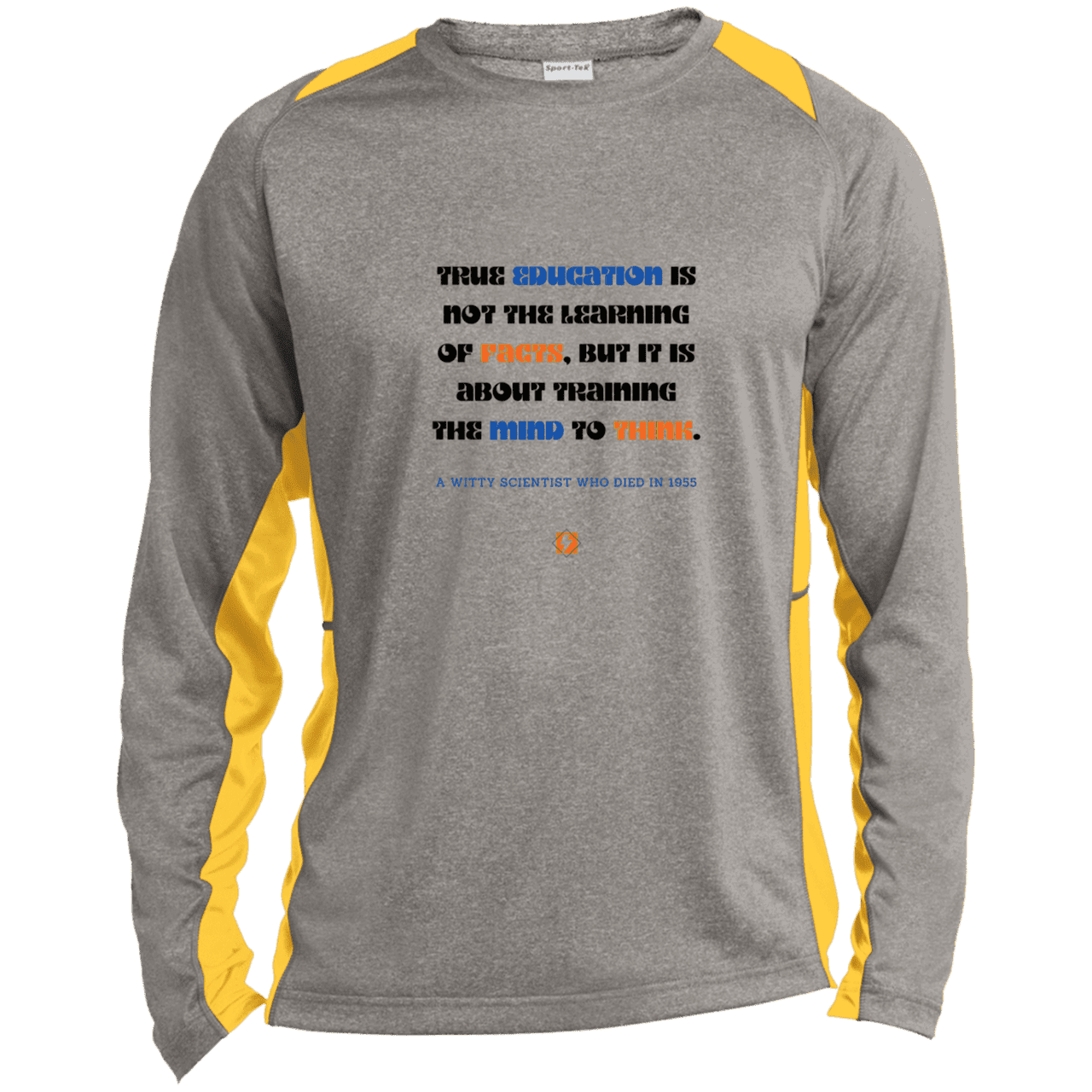 Men's LS Heather Colorblock T-Shirt with inspiring Einstein quote: E107 - True education is about learning to think - Color: Vintage Heather/Gold