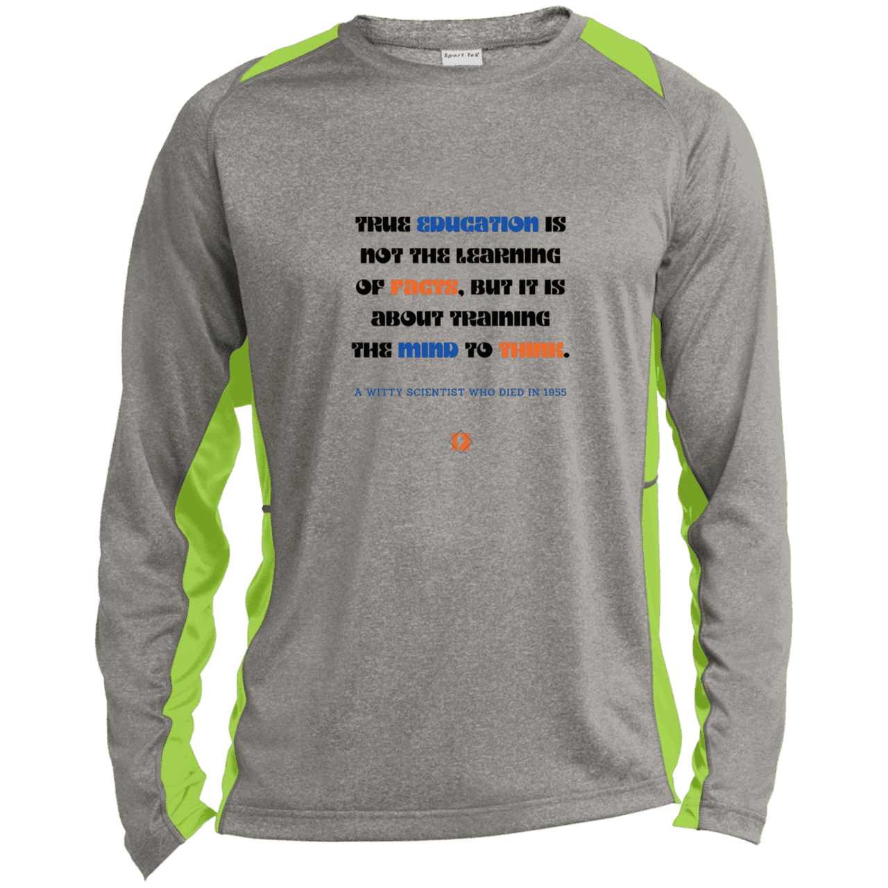 Men's LS Heather Colorblock T-Shirt with inspiring Einstein quote: E107 - True education is about learning to think - Color: Vintage Heather/Lime Shock