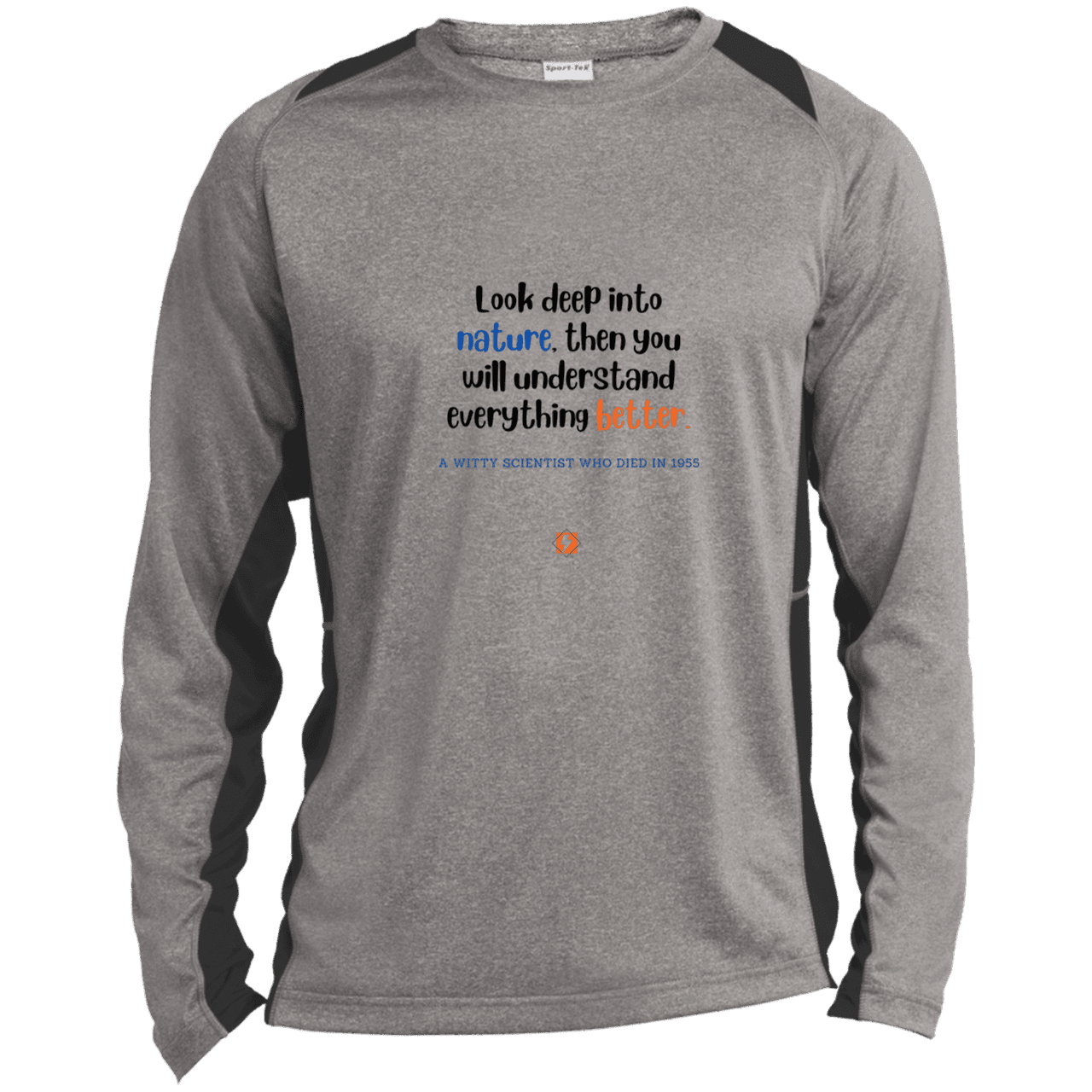 Men's LS Heather Colorblock T-Shirt with inspiring Einstein quote: E108 - Look to nature to understand everything - Color: Vintage Heather/Black