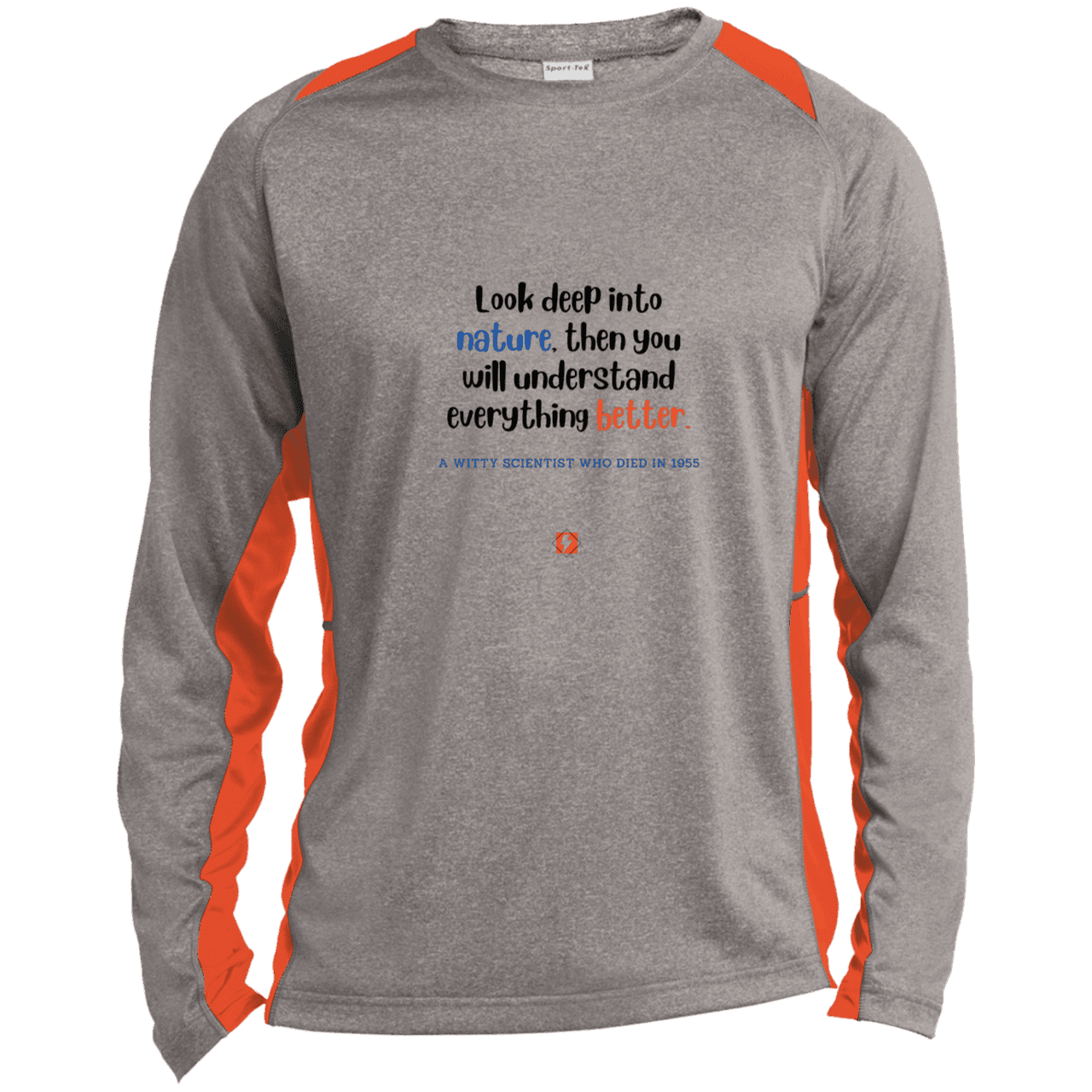 Men's LS Heather Colorblock T-Shirt with inspiring Einstein quote: E108 - Look to nature to understand everything - Color: Vintage Heather/Deep Orange