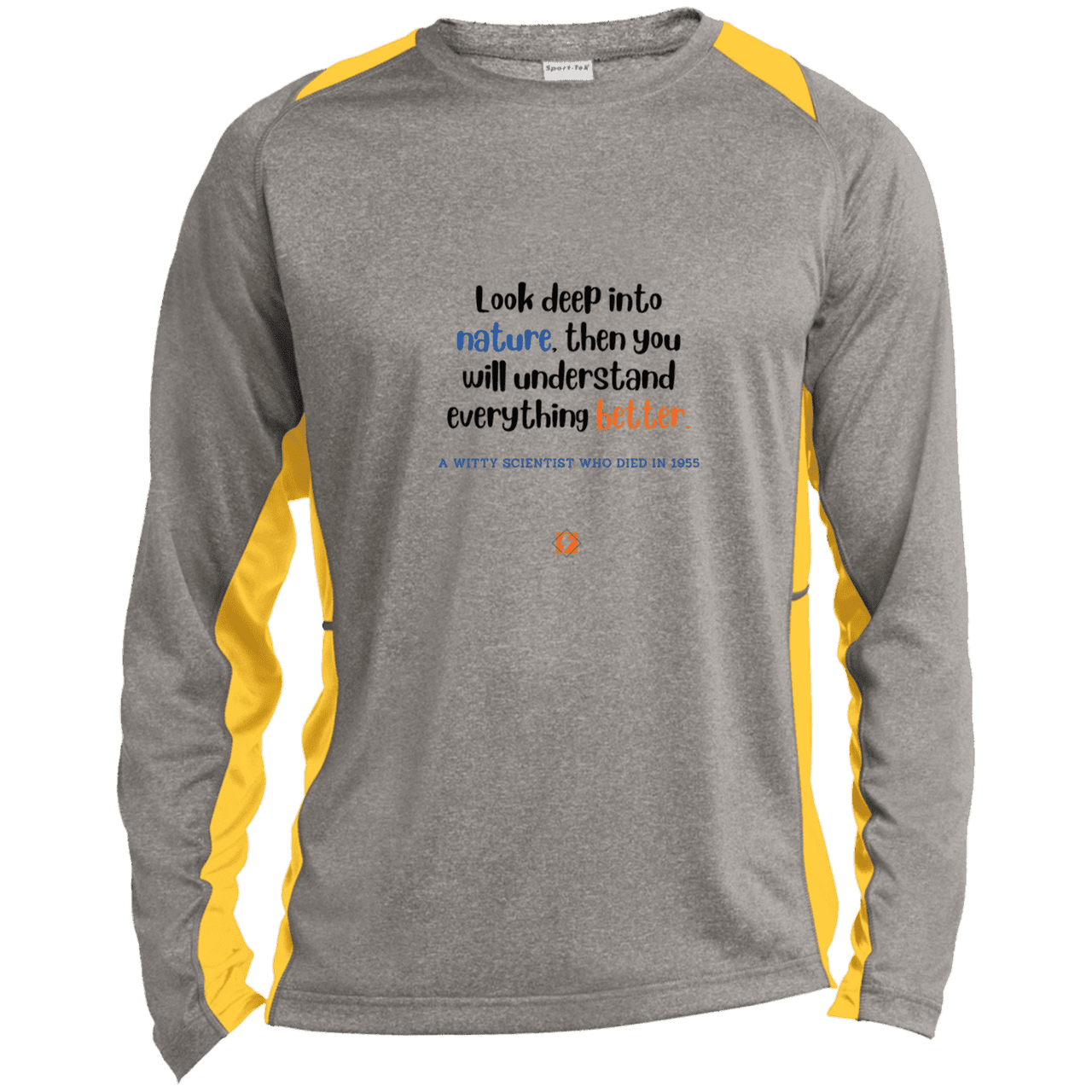 Men's LS Heather Colorblock T-Shirt with inspiring Einstein quote: E108 - Look to nature to understand everything - Color: Vintage Heather/Gold