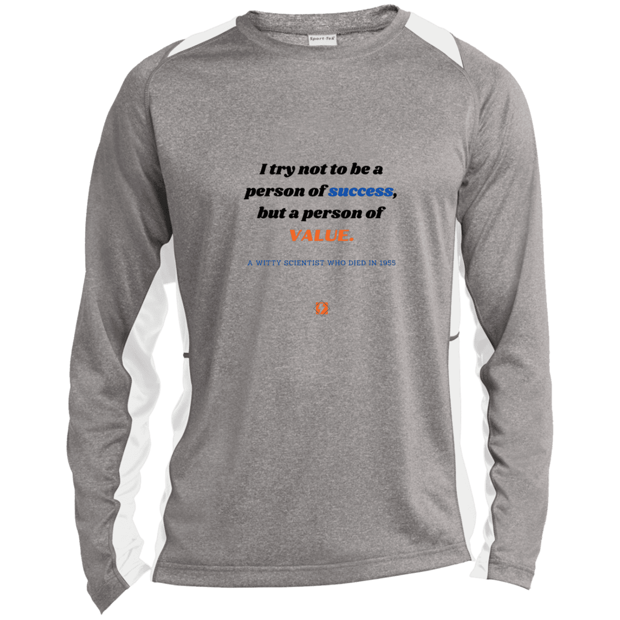 Men's LS Heather Colorblock T-Shirt with inspiring Einstein quote: E109 - Strive to be a person of value, not success - Color: Vintage Heather/White