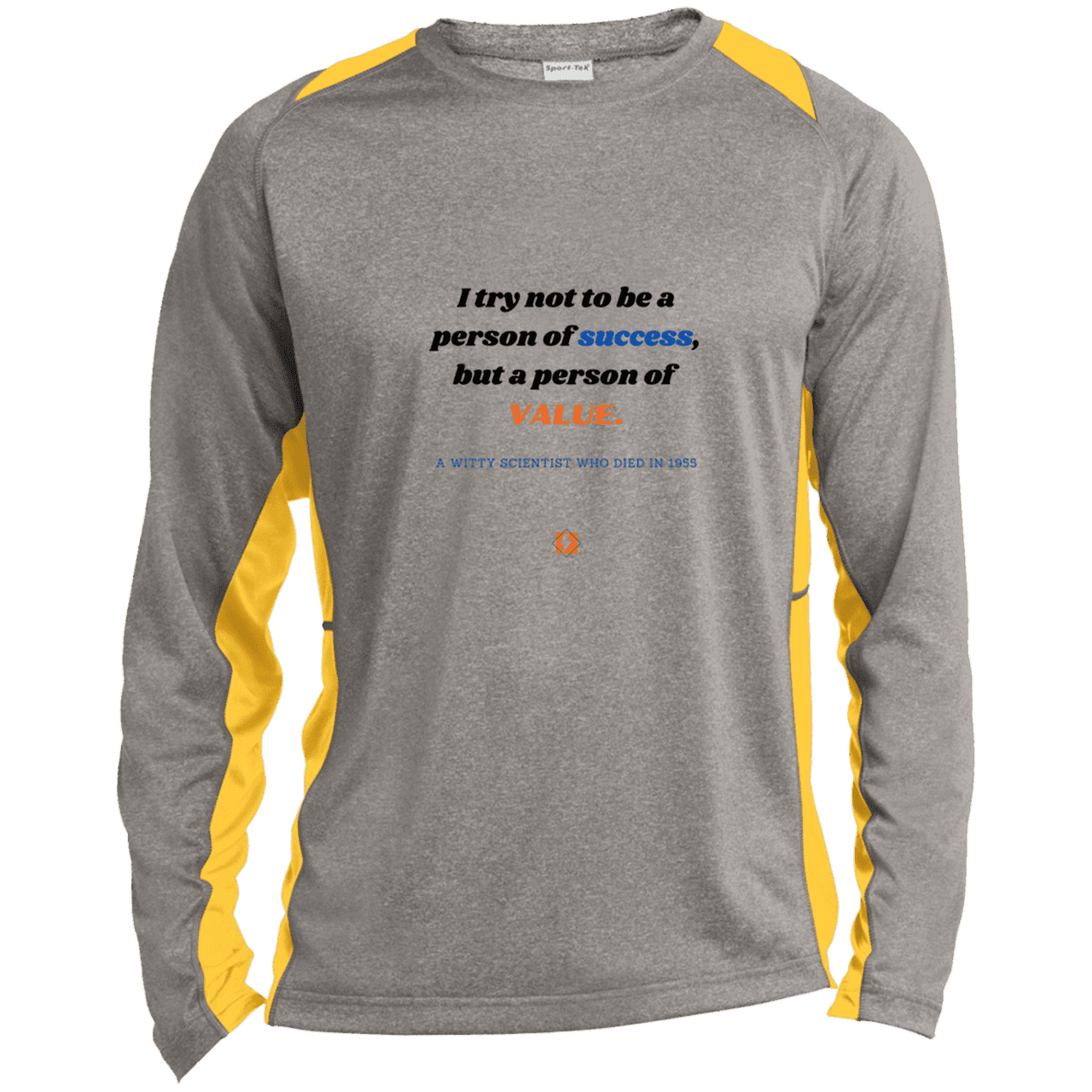 Men's LS Heather Colorblock T-Shirt with inspiring Einstein quote: E109 - Strive to be a person of value, not success - Color: Vintage Heather/Gold