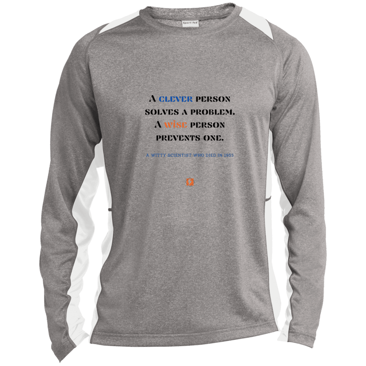 Men's LS Heather Colorblock T-Shirt with inspiring Einstein quote: E110 - Be clever, but better to be wise - Color: Vintage Heather/White