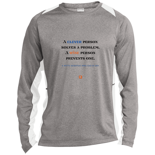 Men's LS Heather Colorblock T-Shirt with inspiring Einstein quote: E110 - Be clever, but better to be wise - Color: Vintage Heather/White