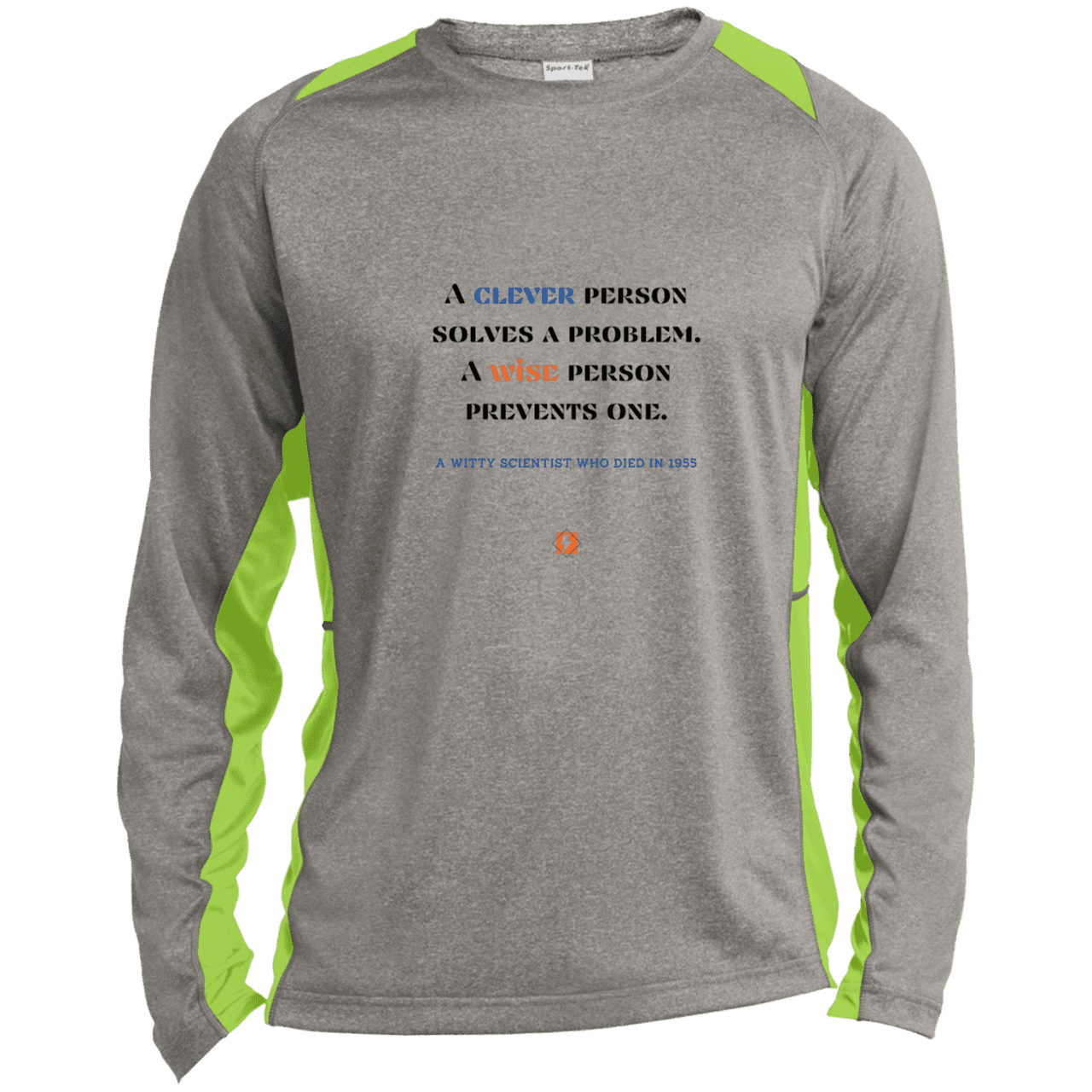 Men's LS Heather Colorblock T-Shirt with inspiring Einstein quote: E110 - Be clever, but better to be wise - Color: Vintage Heather/Lime Shock