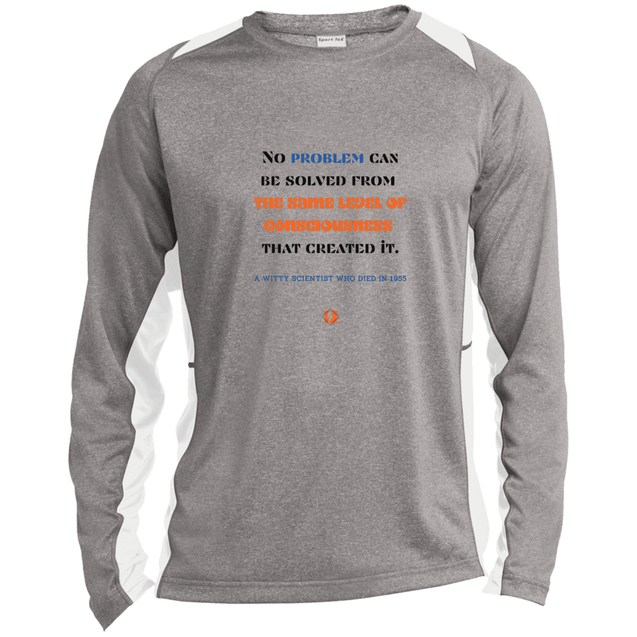 Men's LS Heather Colorblock T-Shirt with inspiring Einstein quote: E111 - Problem solving needs fresh thinking - Color: Vintage Heather/White