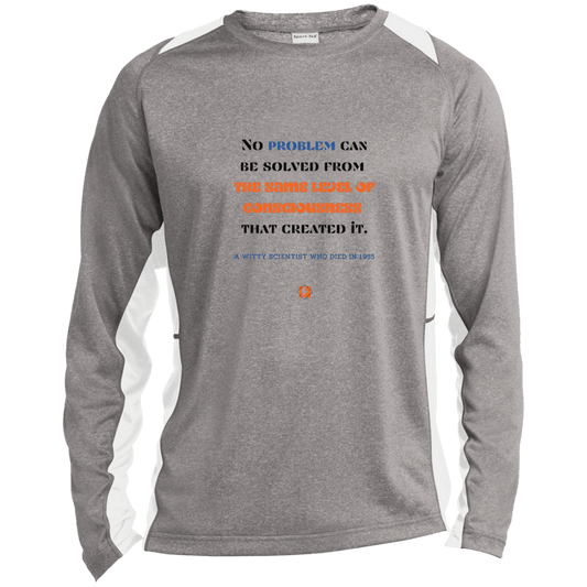 Men's LS Heather Colorblock T-Shirt with inspiring Einstein quote: E111 - Problem solving needs fresh thinking - Color: Vintage Heather/White