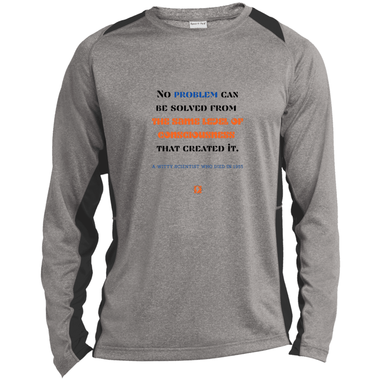 Men's LS Heather Colorblock T-Shirt with inspiring Einstein quote: E111 - Problem solving needs fresh thinking - Color: Vintage Heather/Black