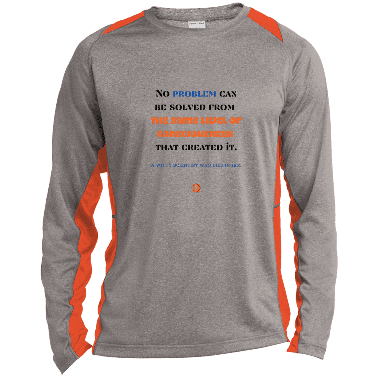 Men's LS Heather Colorblock T-Shirt with inspiring Einstein quote: E111 - Problem solving needs fresh thinking - Color: Vintage Heather/Deep Orange