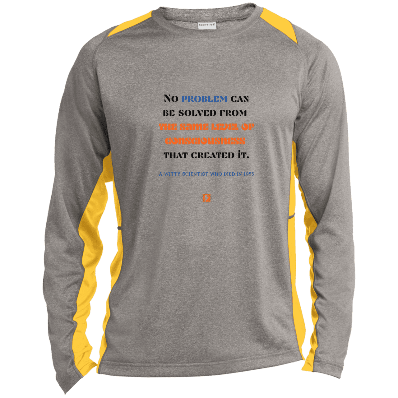 Men's LS Heather Colorblock T-Shirt with inspiring Einstein quote: E111 - Problem solving needs fresh thinking - Color: Vintage Heather/Gold