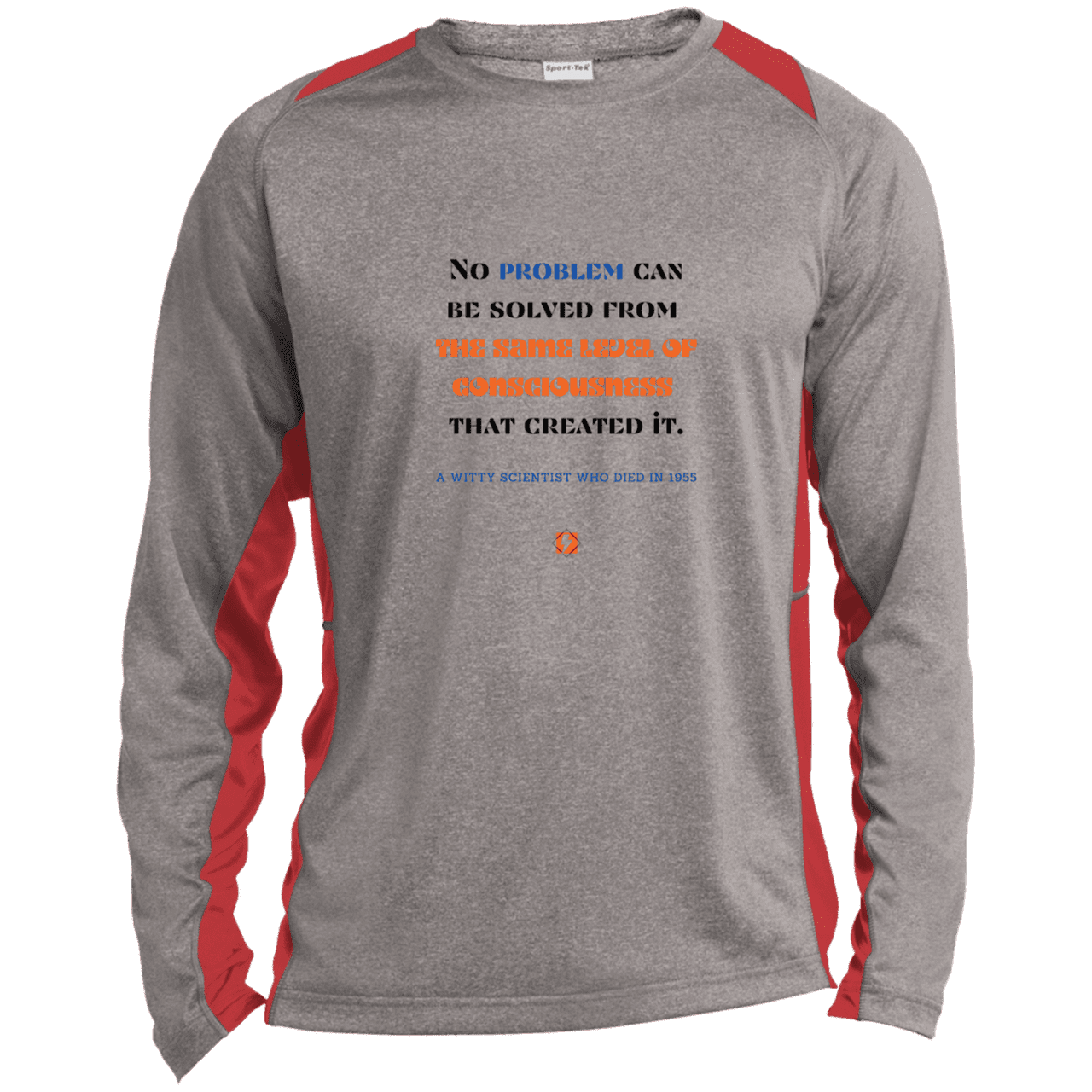 Men's LS Heather Colorblock T-Shirt with inspiring Einstein quote: E111 - Problem solving needs fresh thinking - Color: Vintage Heather/True Red