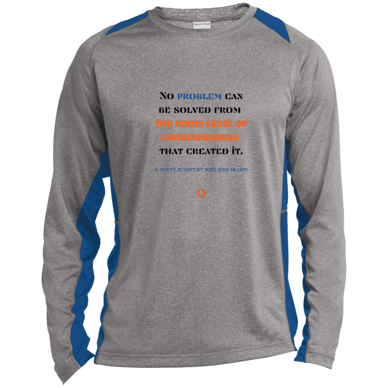 Men's LS Heather Colorblock T-Shirt with inspiring Einstein quote: E111 - Problem solving needs fresh thinking - Color: Vintage Heather/True Royal