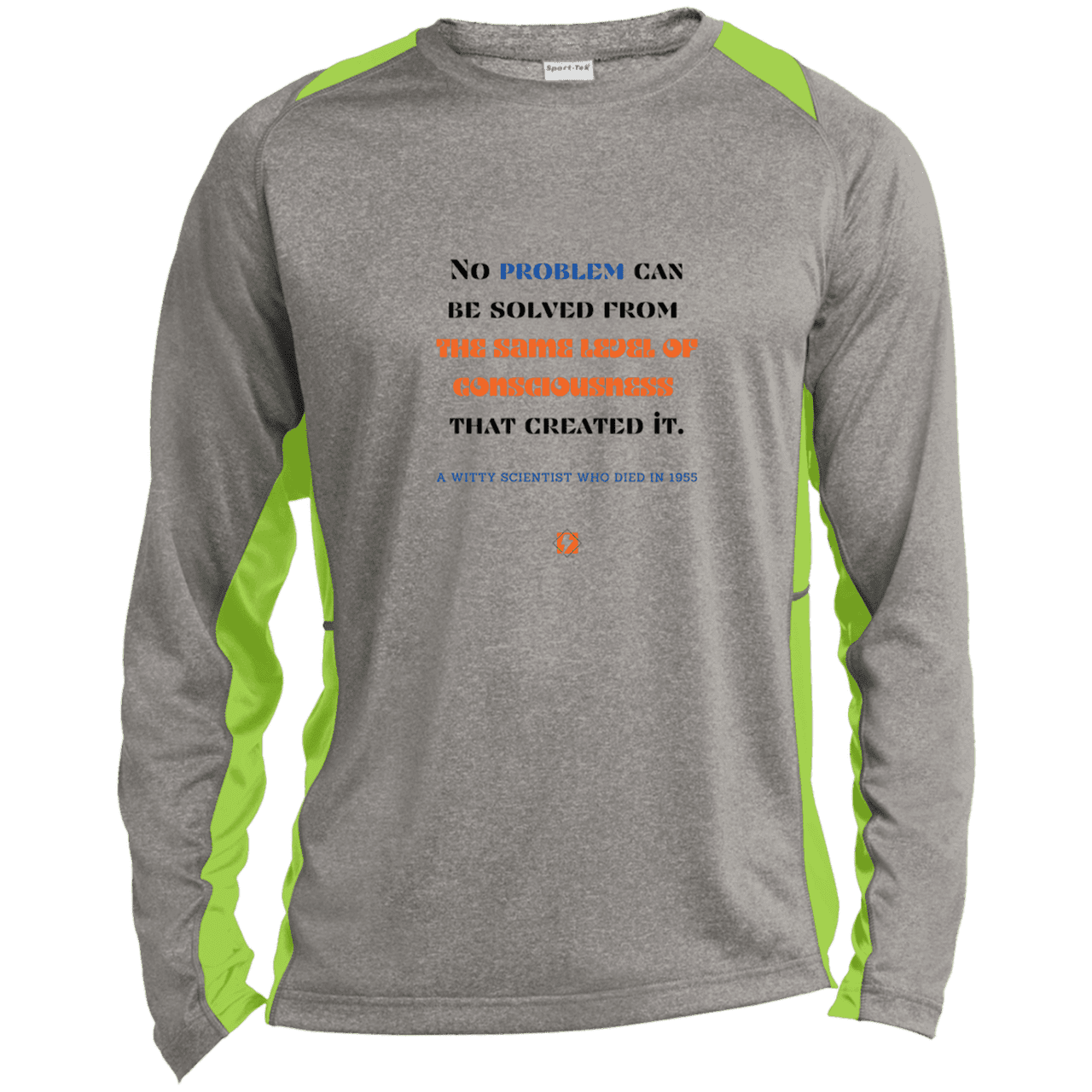 Men's LS Heather Colorblock T-Shirt with inspiring Einstein quote: E111 - Problem solving needs fresh thinking - Color: Vintage Heather/Lime Shock