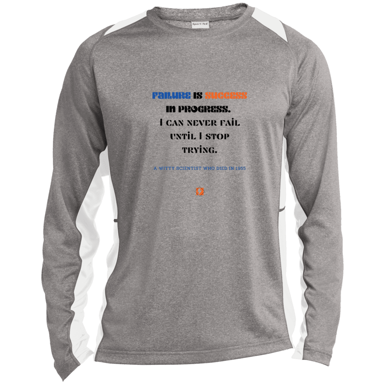 Men's LS Heather Colorblock T-Shirt with inspiring Einstein quote: E112 - Failure is success in progress - Color: Vintage Heather/White