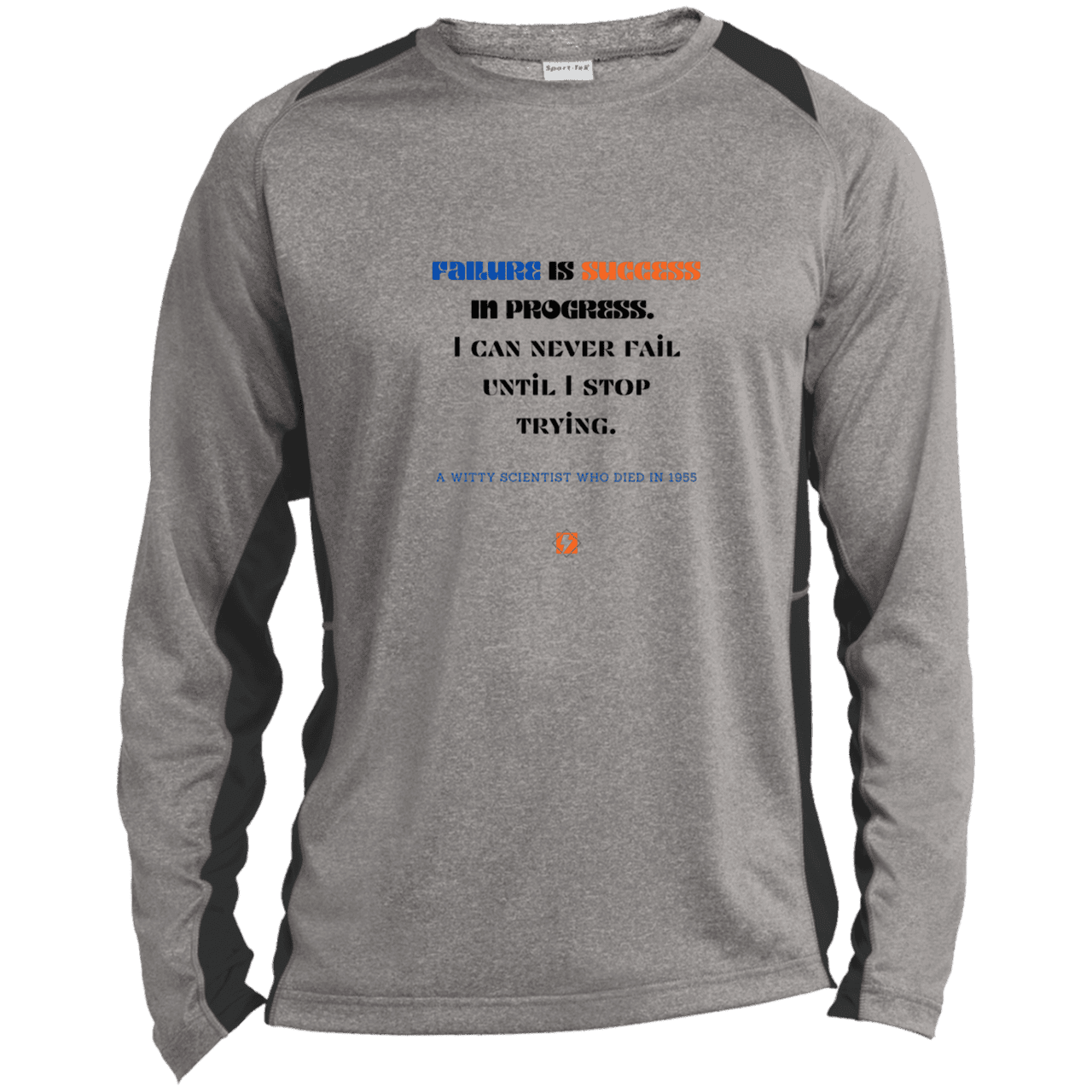 Men's LS Heather Colorblock T-Shirt with inspiring Einstein quote: E112 - Failure is success in progress - Color: Vintage Heather/Black