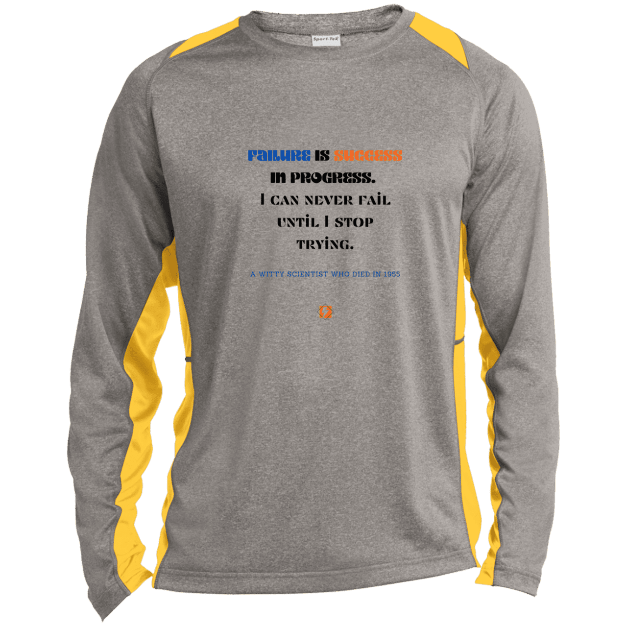 Men's LS Heather Colorblock T-Shirt with inspiring Einstein quote: E112 - Failure is success in progress - Color: Vintage Heather/Gold