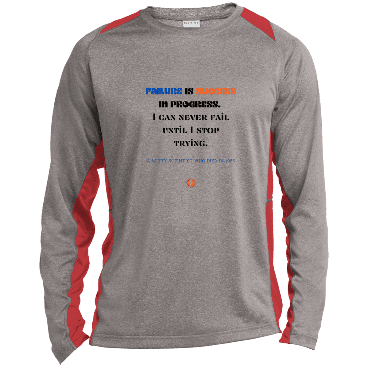 Men's LS Heather Colorblock T-Shirt with inspiring Einstein quote: E112 - Failure is success in progress - Color: Vintage Heather/True Red