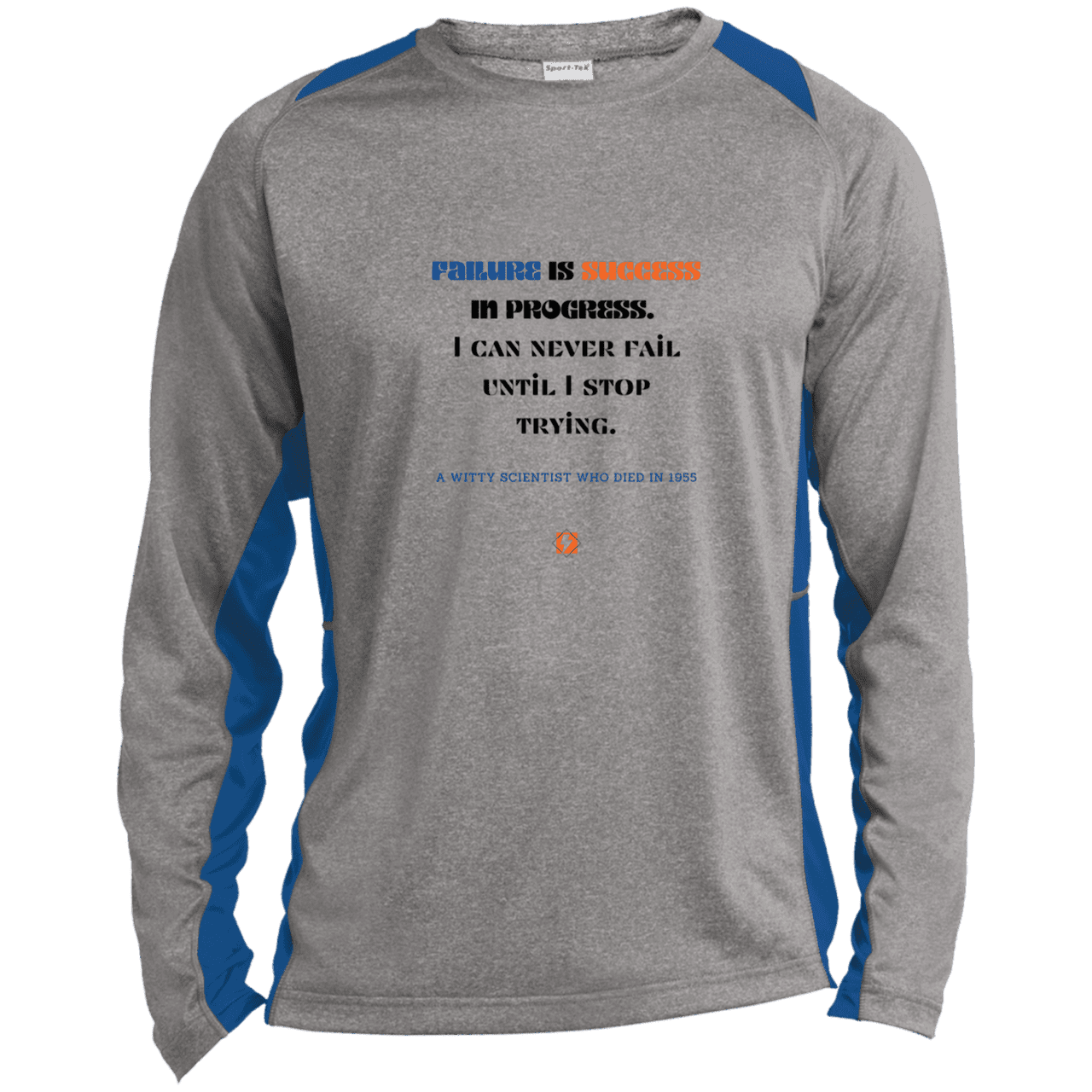 Men's LS Heather Colorblock T-Shirt with inspiring Einstein quote: E112 - Failure is success in progress - Color: Vintage Heather/True Royal