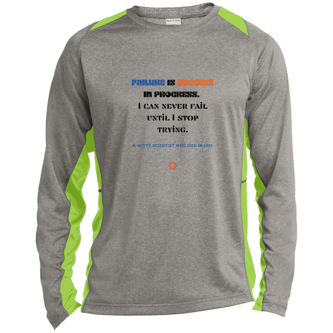 Men's LS Heather Colorblock T-Shirt with inspiring Einstein quote: E112 - Failure is success in progress - Color: Vintage Heather/Lime Shock