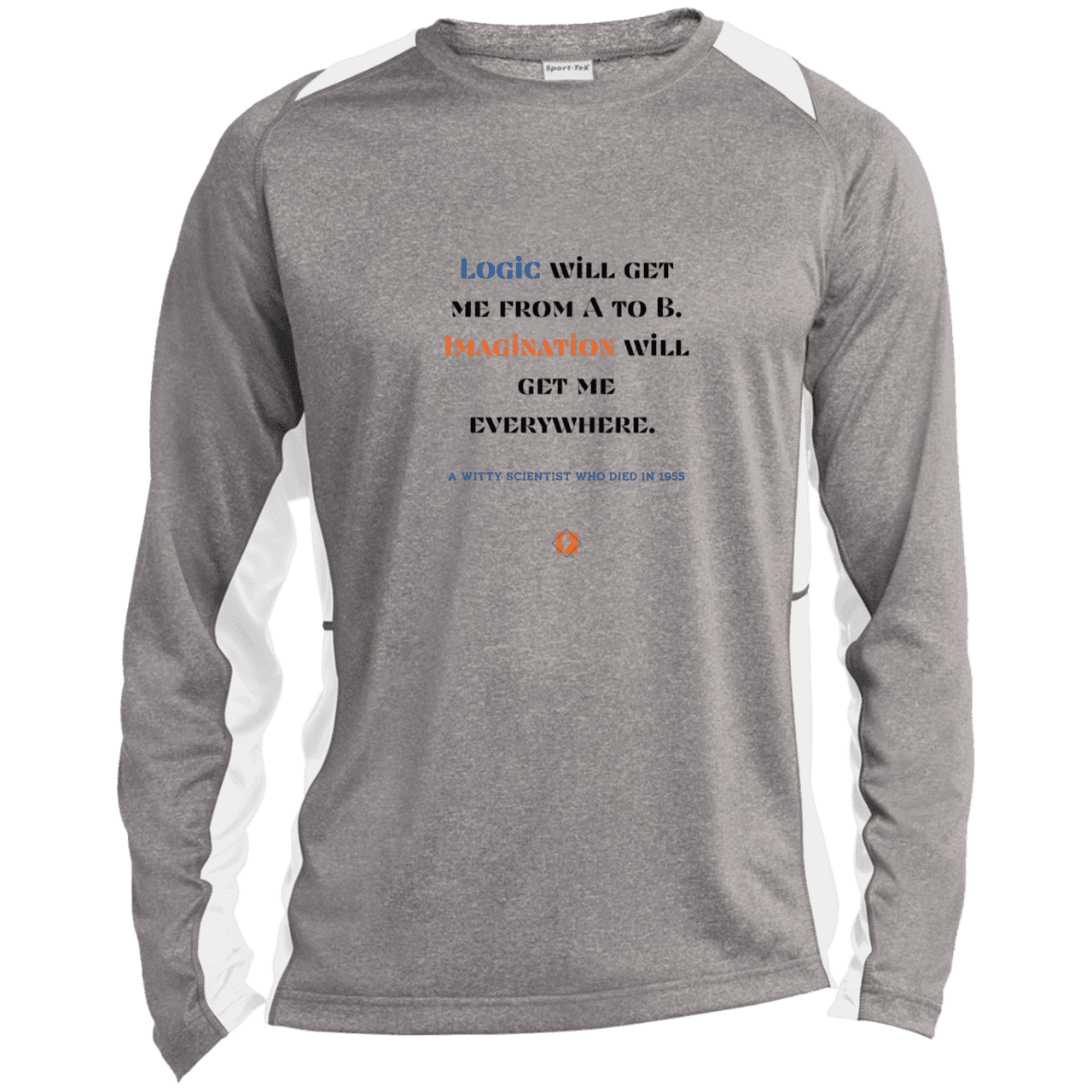 Men's LS Heather Colorblock T-Shirt with inspiring Einstein quote: E113 - Imagination will get you where logic can't - Color: Vintage Heather/White