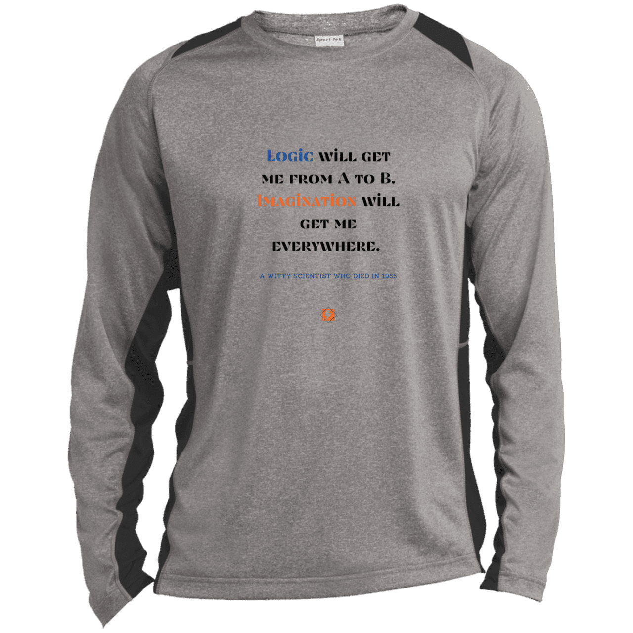 Men's LS Heather Colorblock T-Shirt with inspiring Einstein quote: E113 - Imagination will get you where logic can't - Color: Vintage Heather/Black