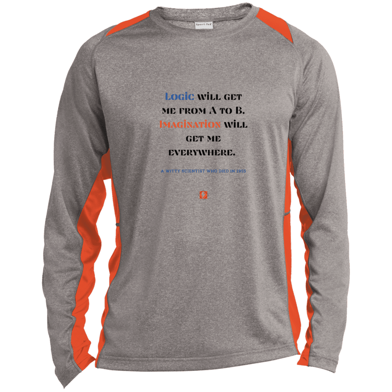 Men's LS Heather Colorblock T-Shirt with inspiring Einstein quote: E113 - Imagination will get you where logic can't - Color: Vintage Heather/Deep Orange