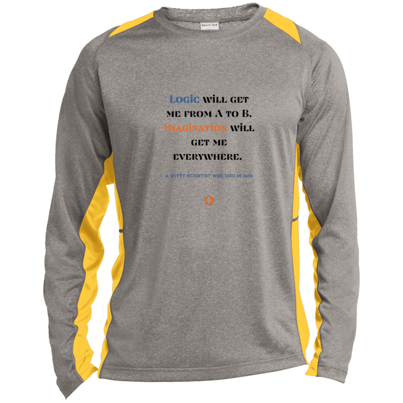 Men's LS Heather Colorblock T-Shirt with inspiring Einstein quote: E113 - Imagination will get you where logic can't - Color: Vintage Heather/Gold